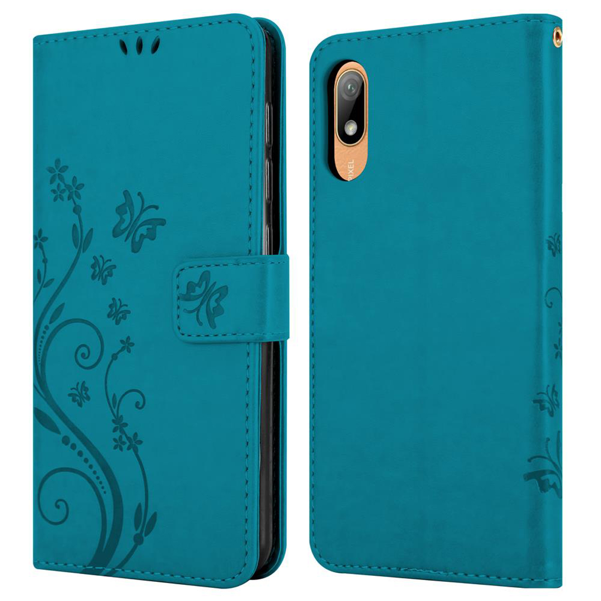 Custodia per telefono verde acqua. Chiusa, con design floreale, e aperta con telefono. Due viste.