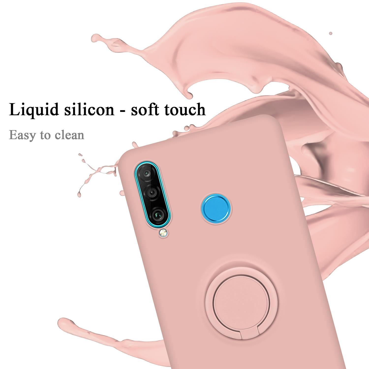 Una custodia rosa per telefono con un anello porta e un design soft touch in silicone liquido. La custodia è mostrata.