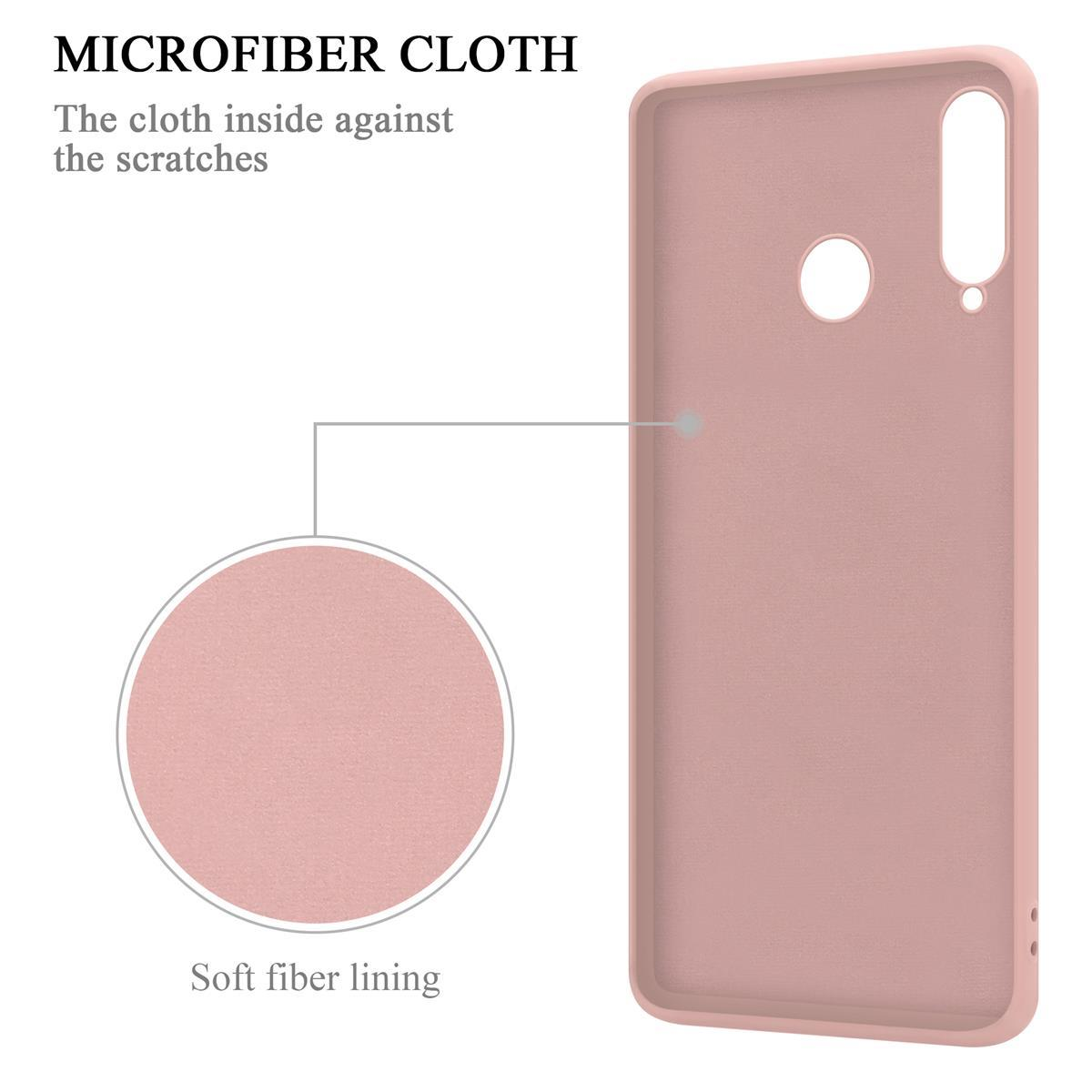 Interno di custodia per telefono rosa con un panno in microfibra. Testo: Panno in microfibra, Il panno all'interno contro i graffi. Fodera in fibra morbida.