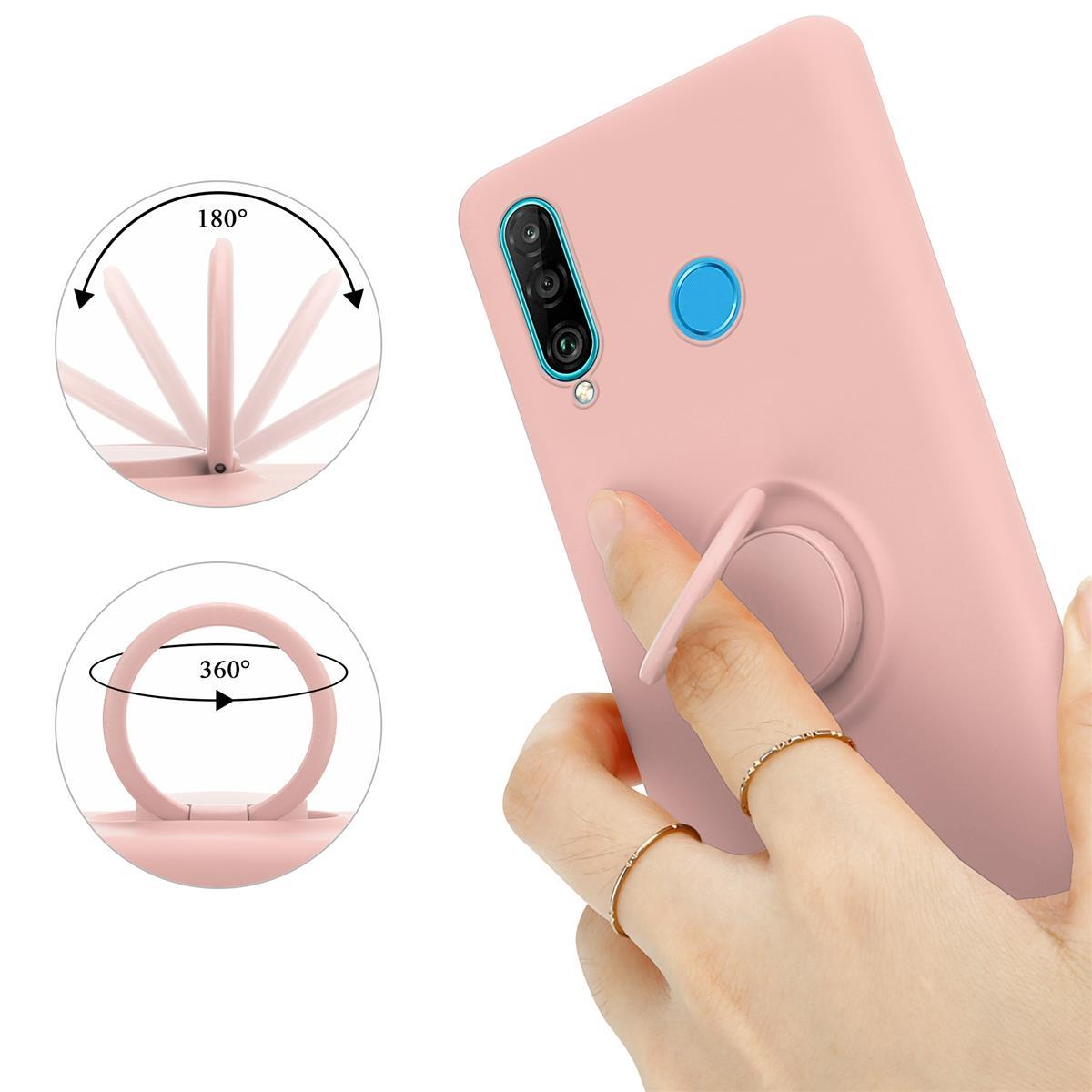 Custodia per telefono rosa con un anello. L'anello è tenuto da una mano. Il telefono ha una fotocamera.