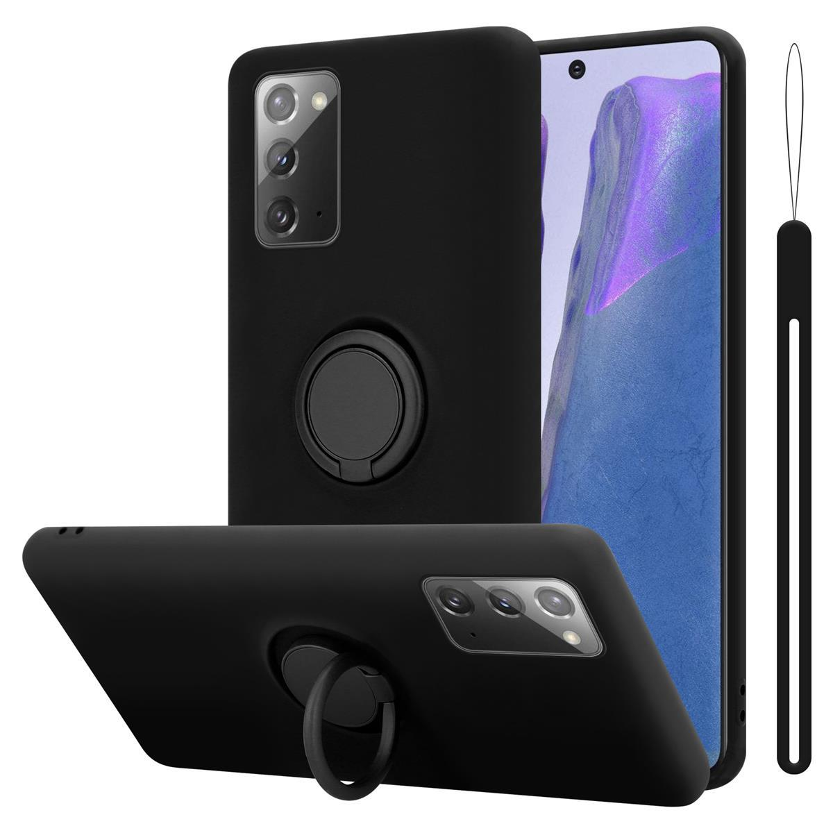 Custodia nera con anello, tre angolazioni. Telefono visibile. Sfondo bianco.
