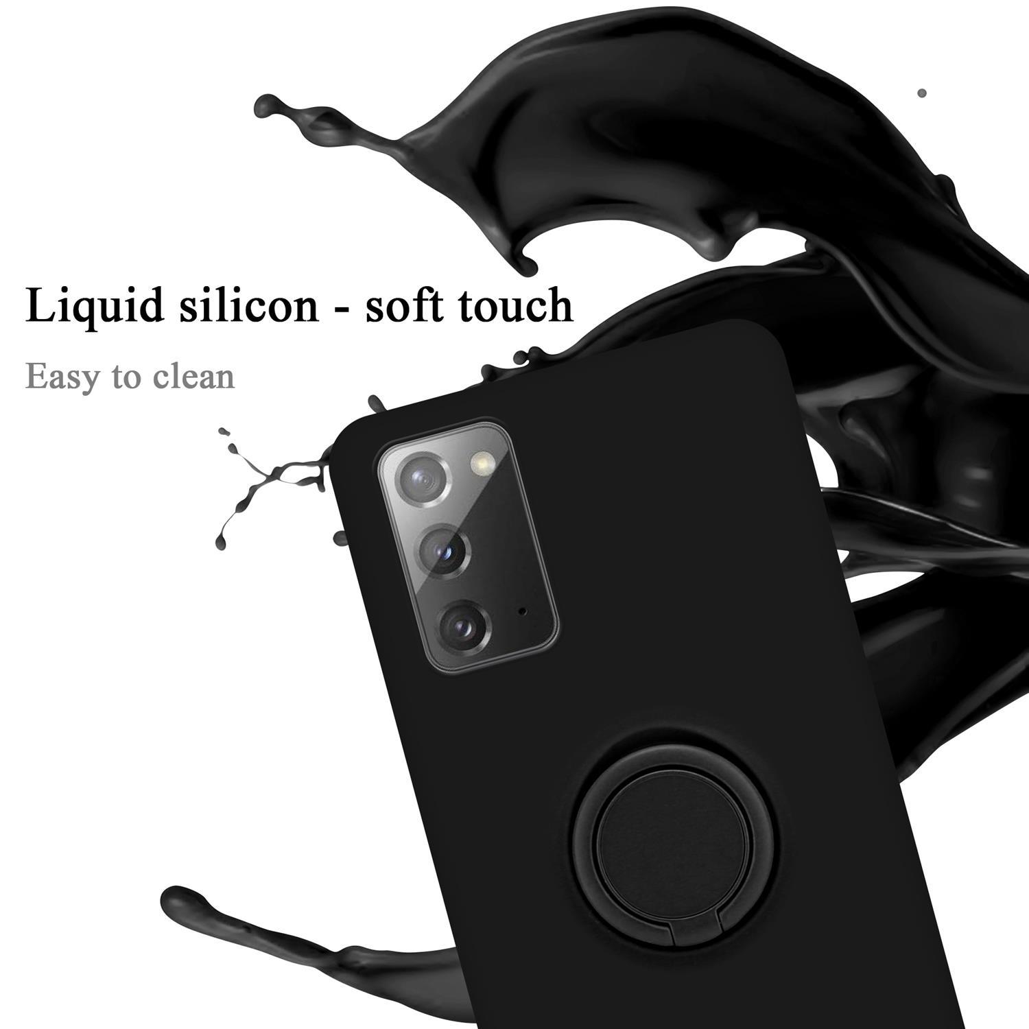 Custodia nera per telefono con anello e schizzo nero. Testo bianco 