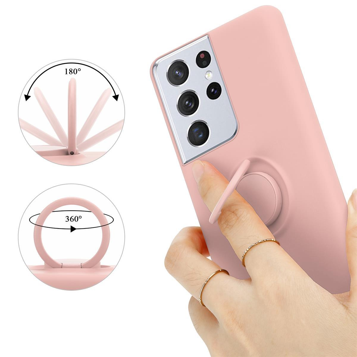 Rosa Handyhülle mit Ringständer. Hand hält Ringständer. Pfeile zeigen 180 und 360 Grad.