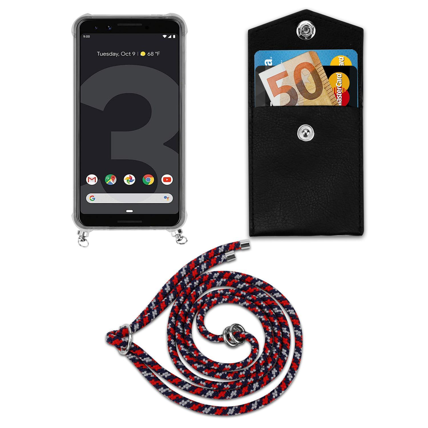 Telefon mit Hülle, Geldbörse mit Geld und ein gemustertes Schlüsselband auf weißer Oberfläche.