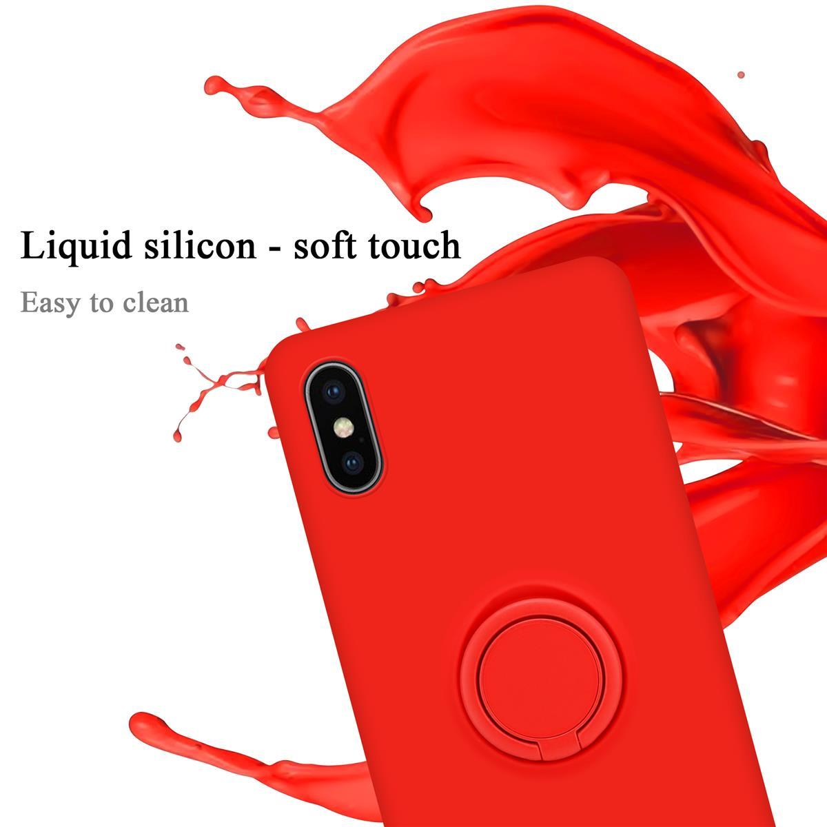 Rote Handyhülle mit Ring. Roter Splash-Hintergrund. Text über Soft-Touch.