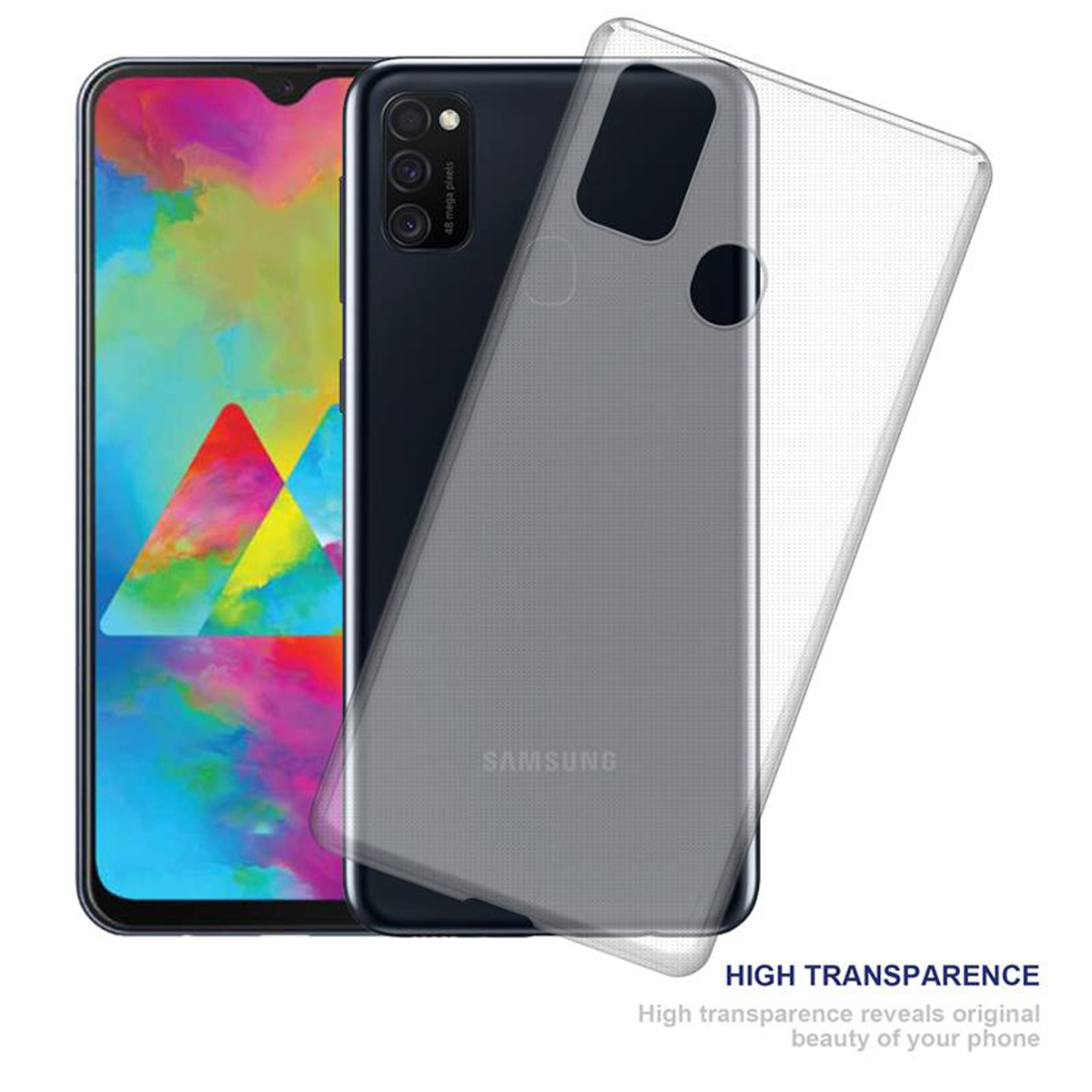 Schwarzes Telefon mit transparenter Hülle. Das Telefon hat ein farbenfrohes Bild auf dem Bildschirm.