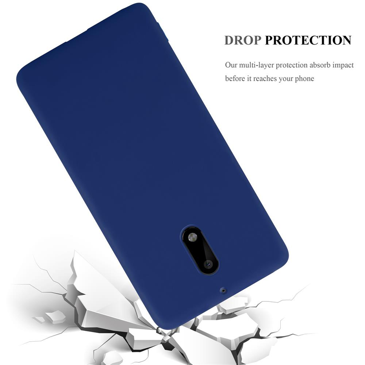 Custodia blu per telefono su sfondo bianco, incrinata per mostrare la protezione dalle cadute.