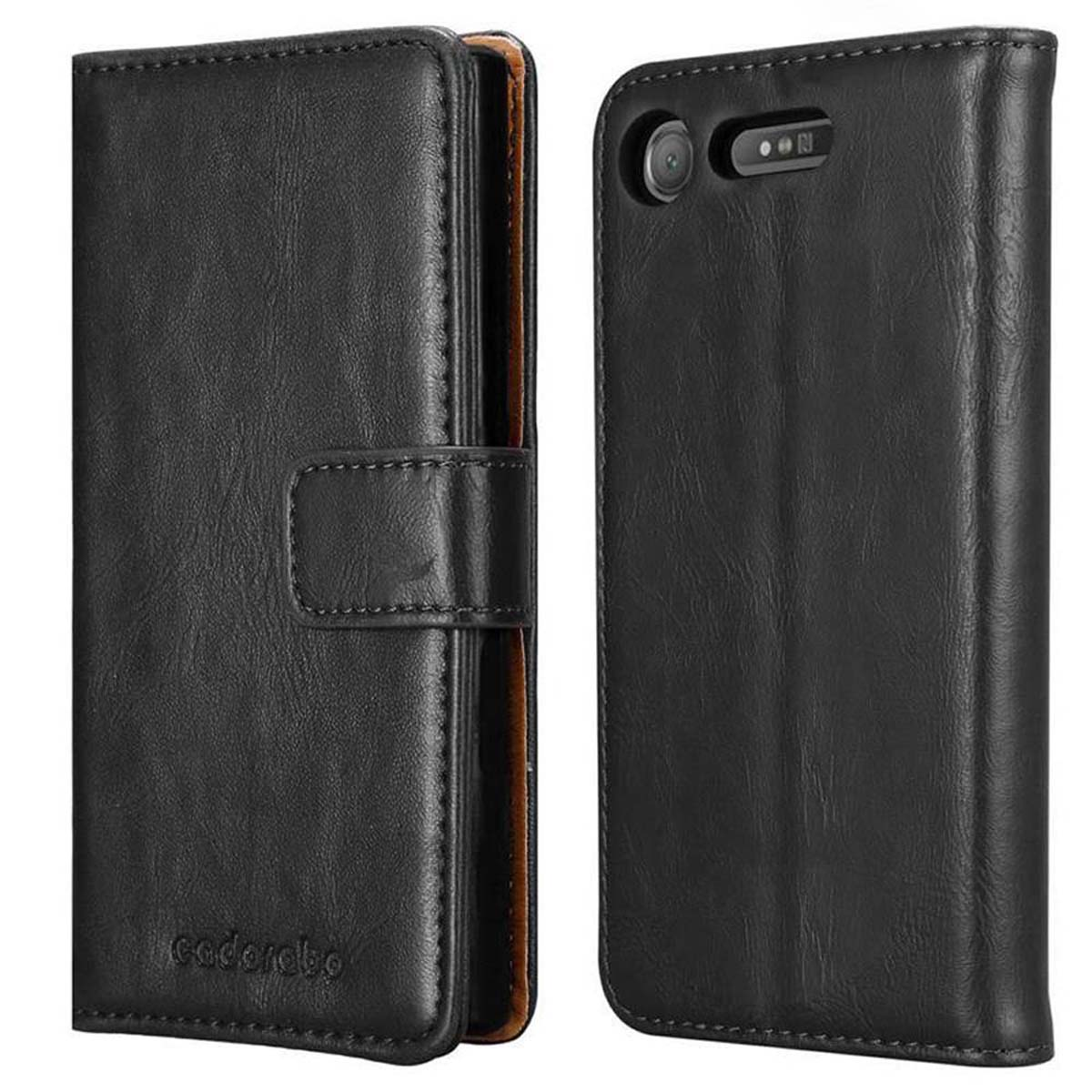 Una custodia nera per telefono in stile portafoglio con chiusura magnetica, che mostra il nome del marchio.
