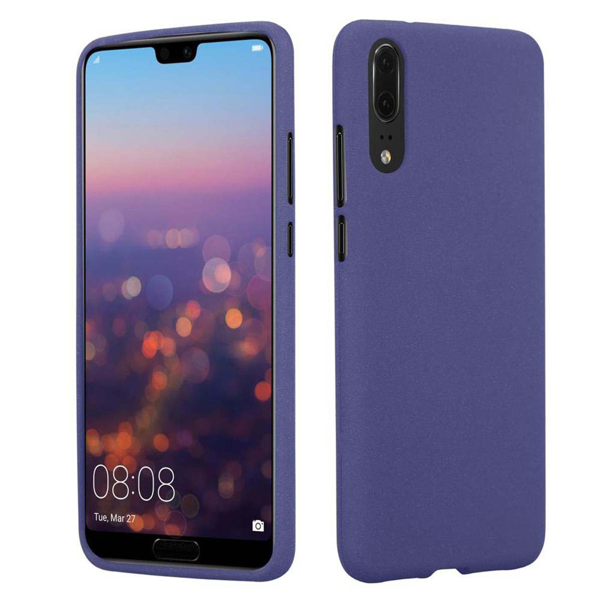 Un telefono viola in una custodia. Lo schermo mostra l'ora, 08:08. Il telefono è su una superficie bianca.