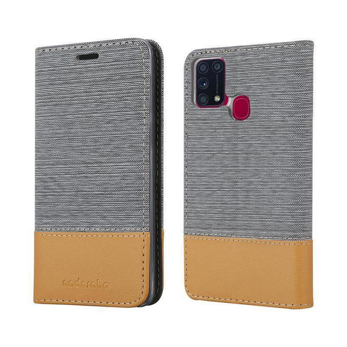 Due custodie per telefono, una aperta e una chiusa, con un design grigio e beige con un marchio.