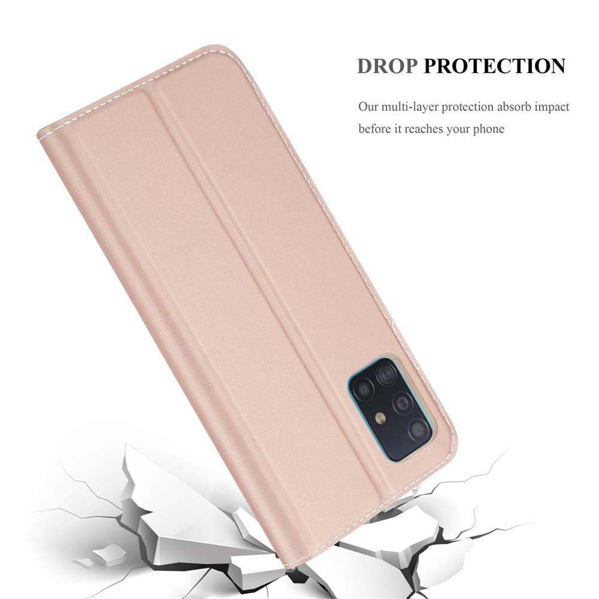 Un telefono in una custodia rosa. La custodia è sopra una superficie rotta con la scritta DROP PROTECTION.