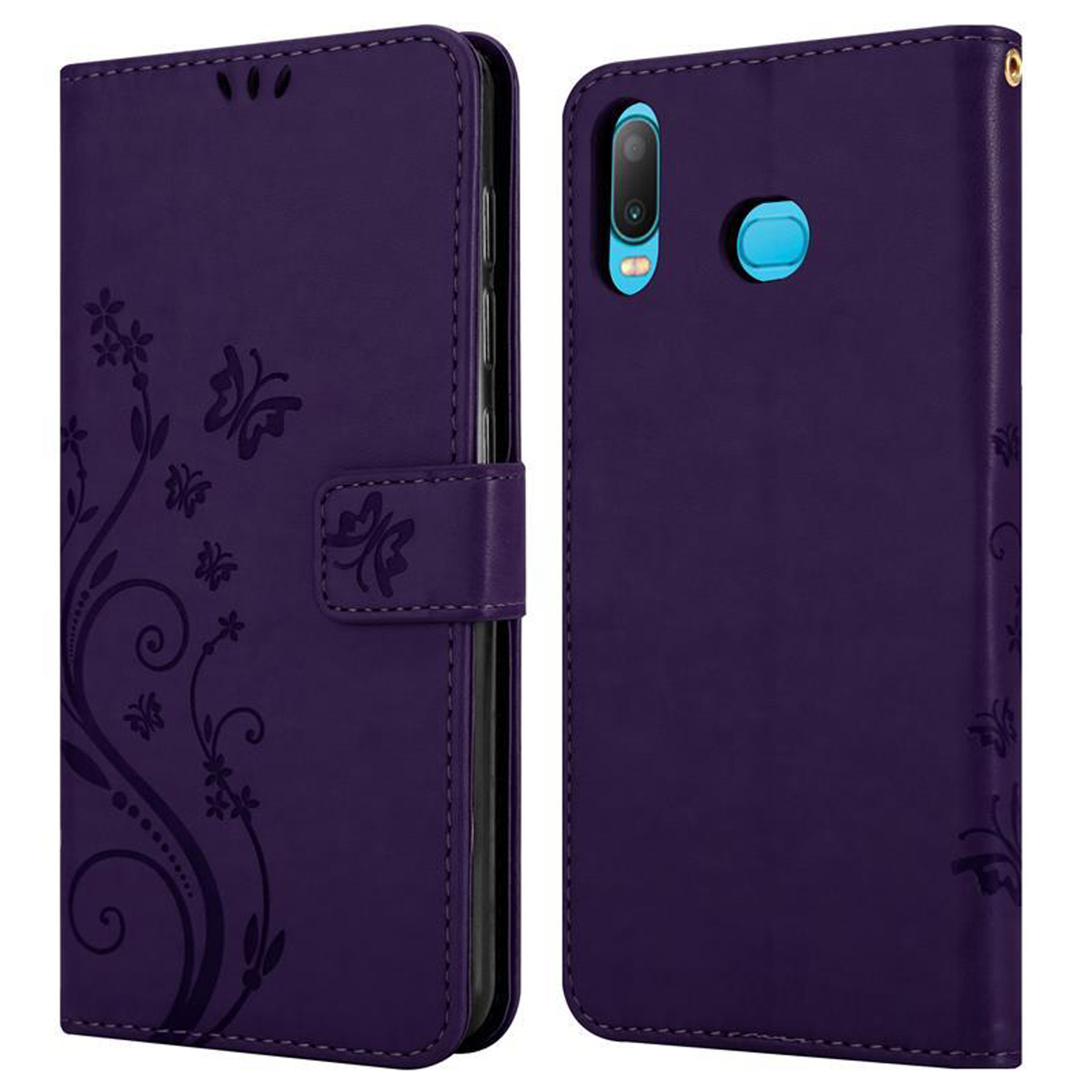 Una custodia per telefono viola aperta, un disegno floreale e un telefono all'interno.