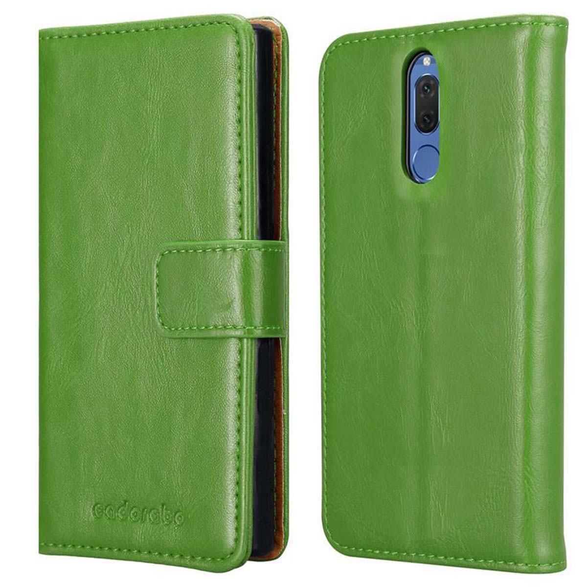 Una custodia verde per telefono è mostrata, davanti e dietro, con la cover anteriore aperta, che mostra un telefono. Il marchio è visibile.