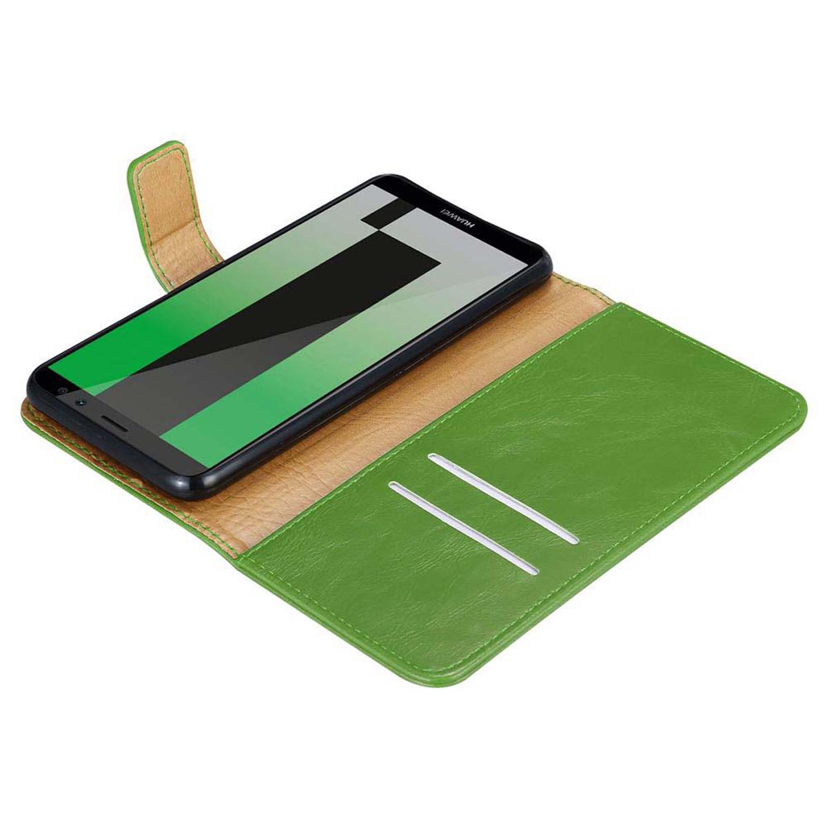 Custodia verde per telefono, aperta, con un telefono all'interno. Lo schermo del telefono ha un design verde e nero.