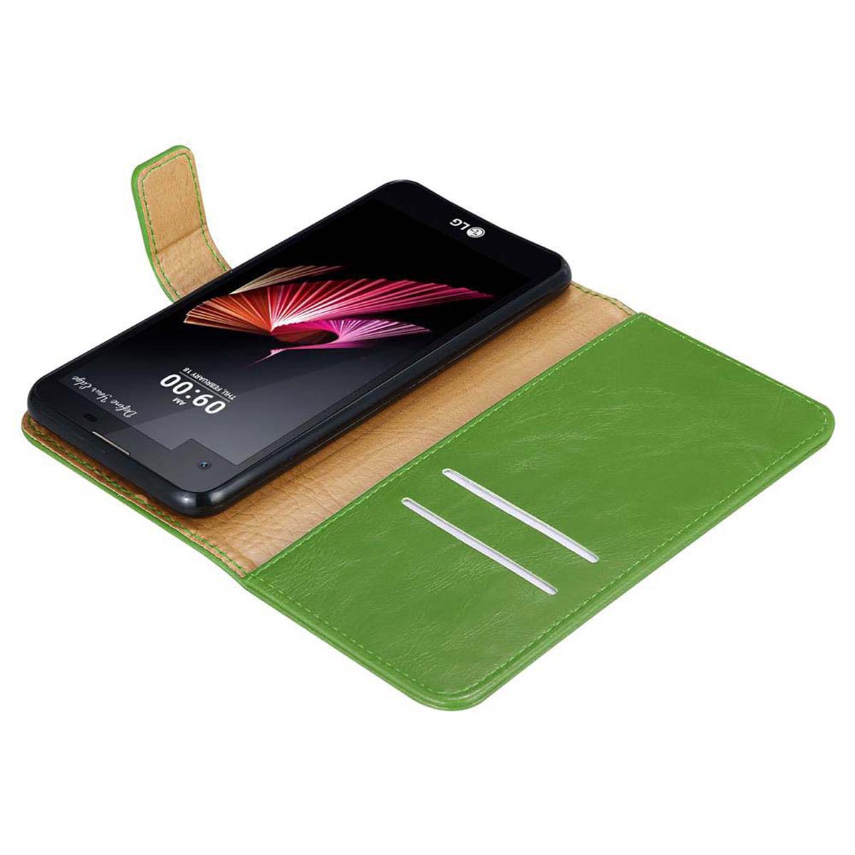 Schwarzes Telefon in einer grünen Lederhülle, offen. Zeigt ein farbenfrohes Bild.