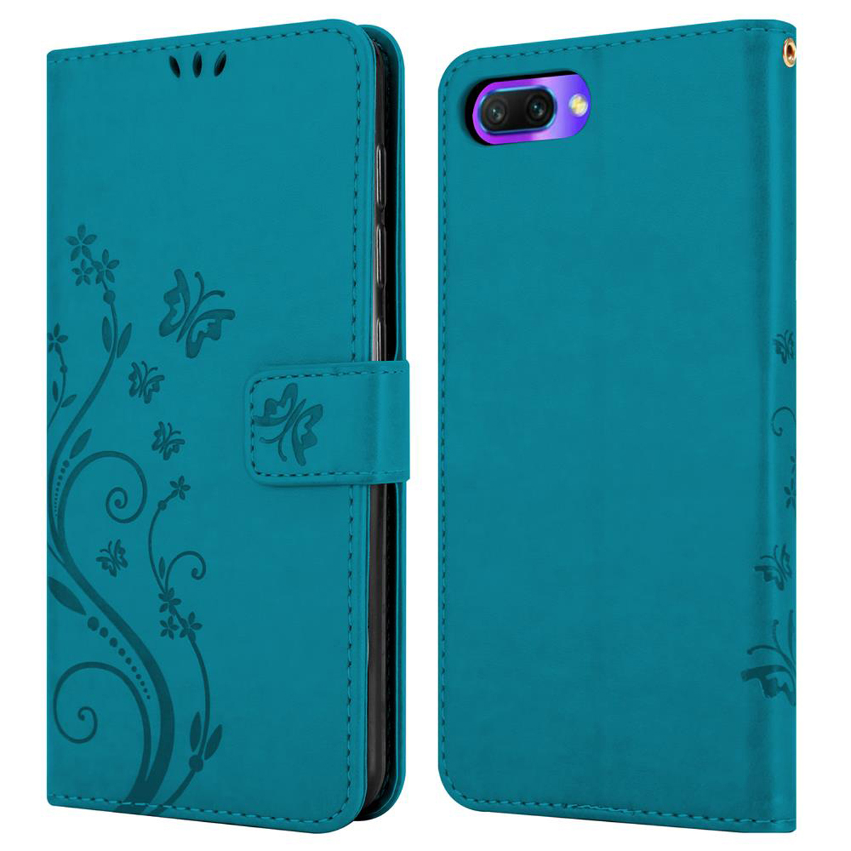 Türkisfarbene Handyhülle, offen und geschlossen, mit floralem Design. Magnetverschluss.