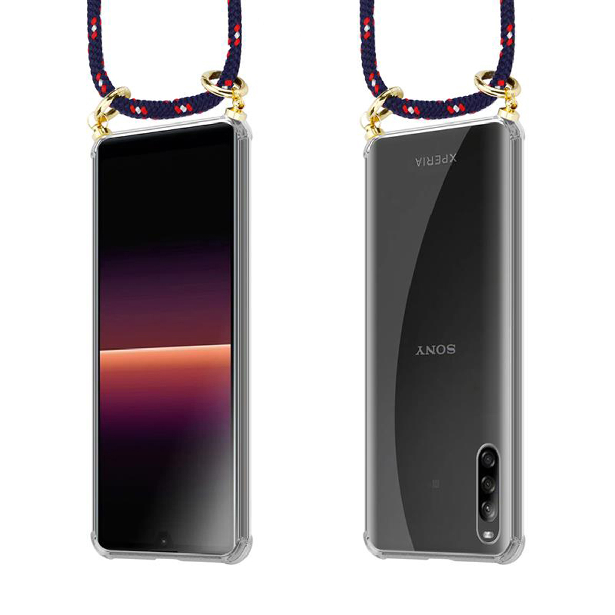 Due telefoni in custodie trasparenti con un cordino. Un telefono mostra il logo e l'interfaccia di Sony.