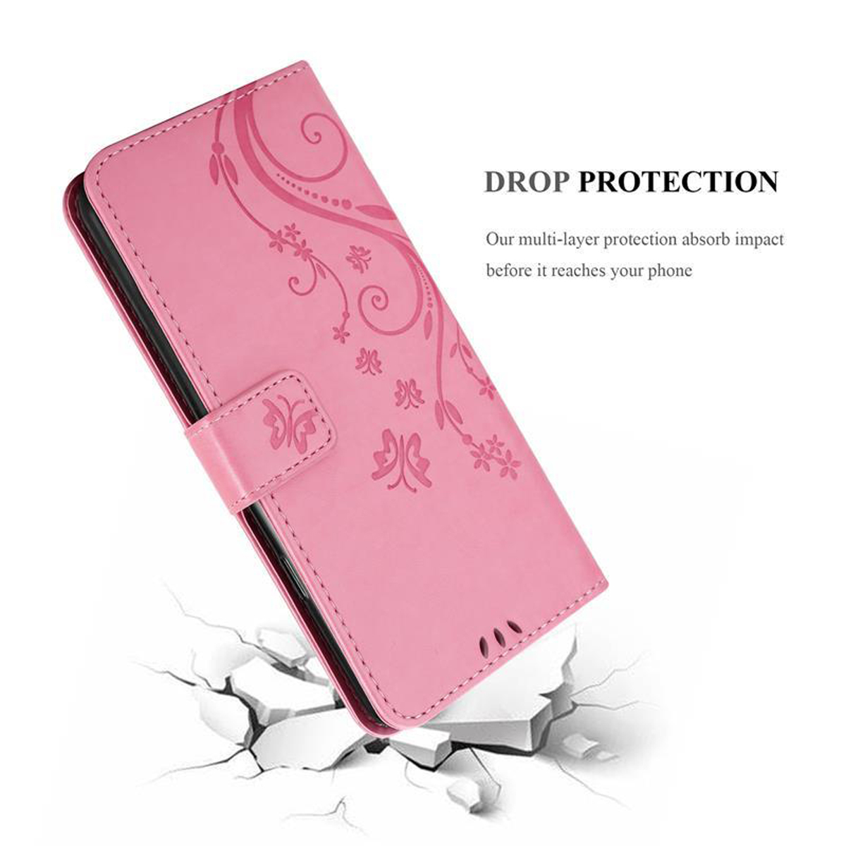 Custodia per telefono rosa, aperta, con un design floreale. Sfondo bianco con testo. La custodia è aperta.