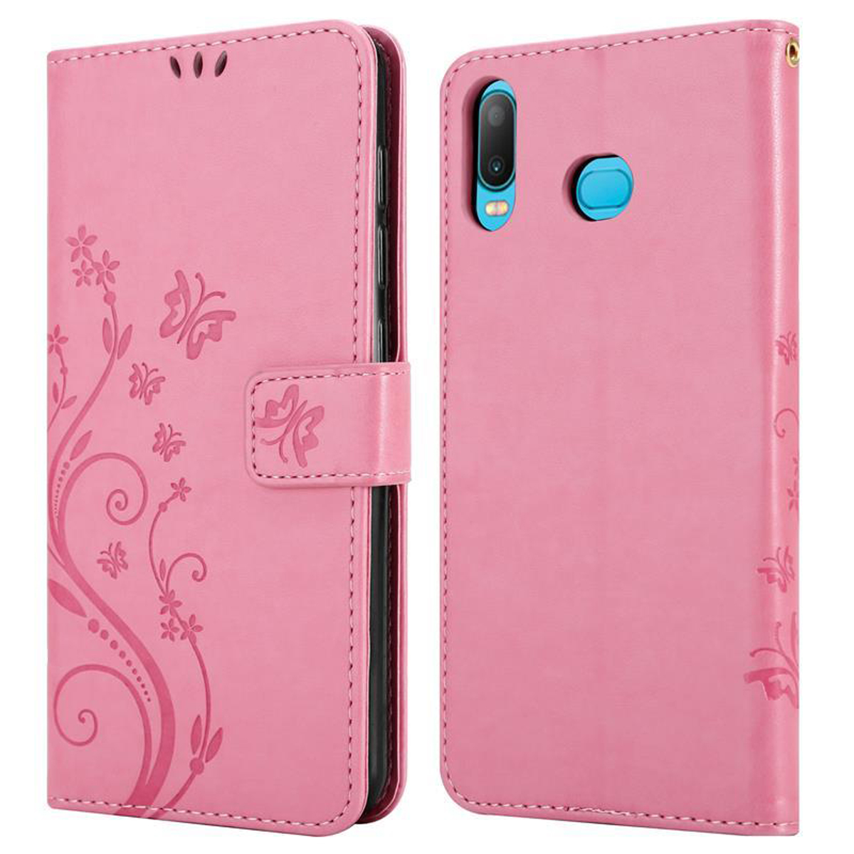 Una custodia per telefono rosa, decorata con fiori e farfalle, aperta e chiusa.