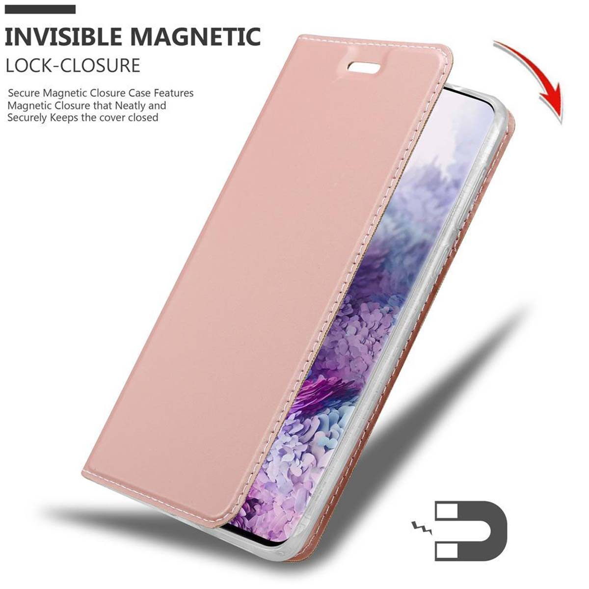 Rosa Handyhülle mit Magnetverschluss. Die Hülle ist geöffnet, mit dem Telefon darin. Ein Magnet wird gezeigt.