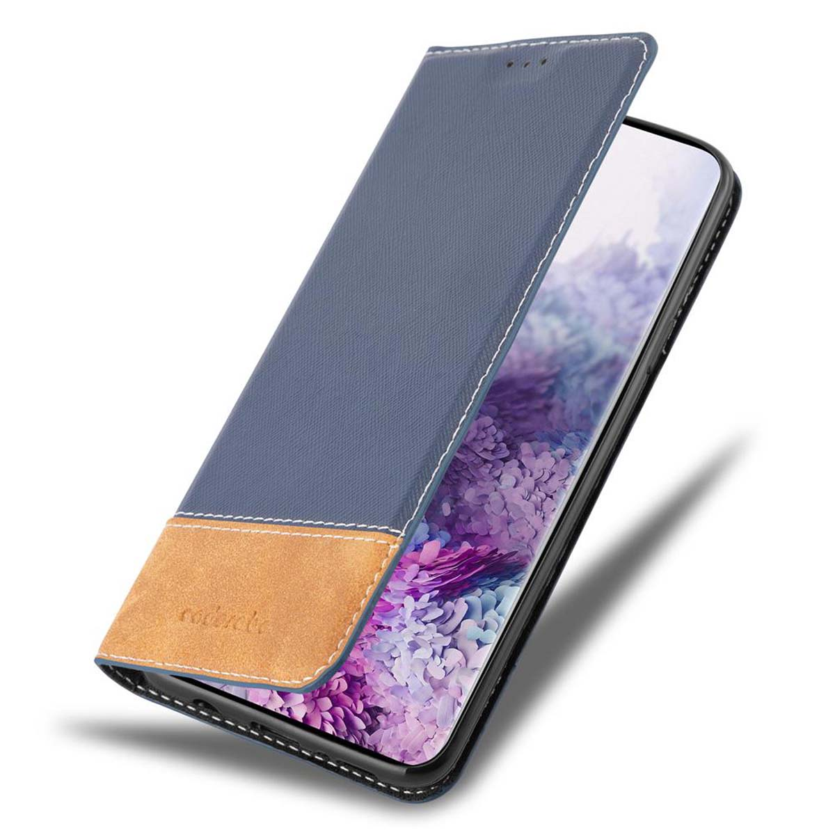 Blaue Handyhülle mit beigem Akzent. Offen, Telefon sichtbar. Lederstruktur.