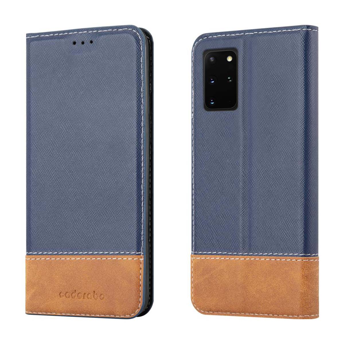 Blau-braune Handyhülle im Brieftaschenstil. Weißer Hintergrund.