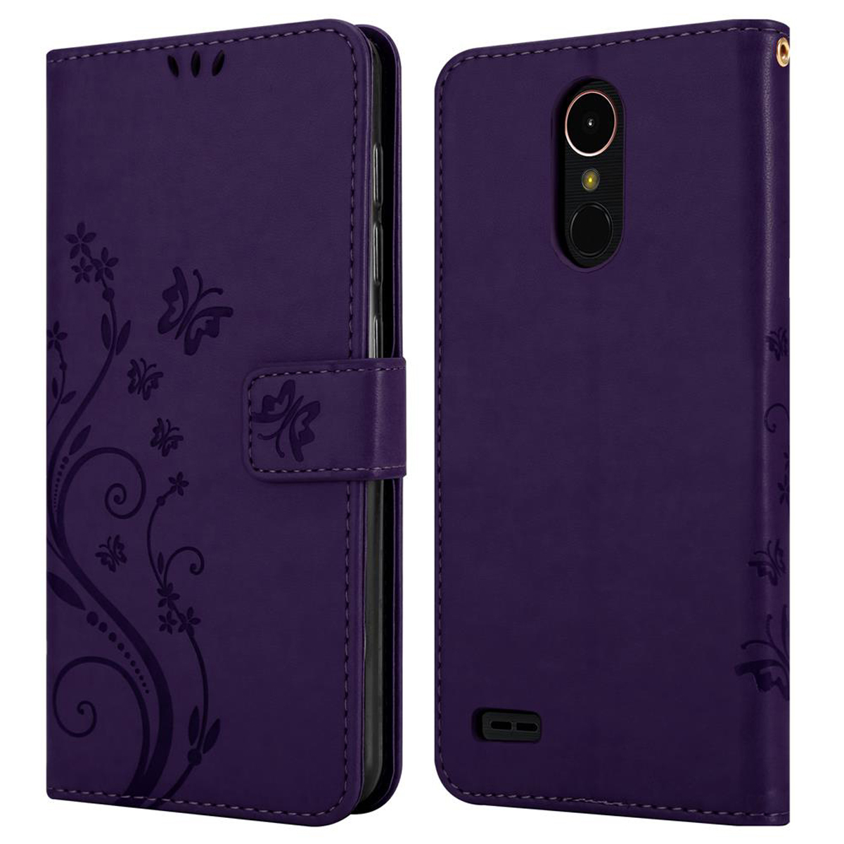 Custodia a portafoglio per telefono viola, aperta e chiusa. Decorata con fiori e farfalle. Mostra la fotocamera e i pulsanti del telefono.