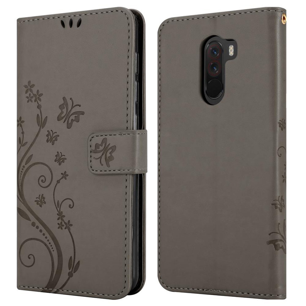Custodia per telefono grigia, aperta e chiusa, con design floreale e a farfalla in rilievo sulla copertina anteriore.
