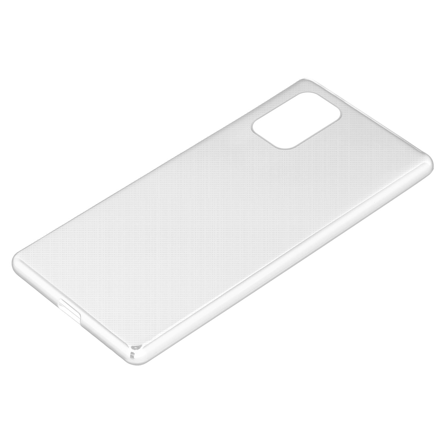 Eine transparente Handyhülle mit rechteckigem Kameraausschnitt. Weißer Hintergrund.
