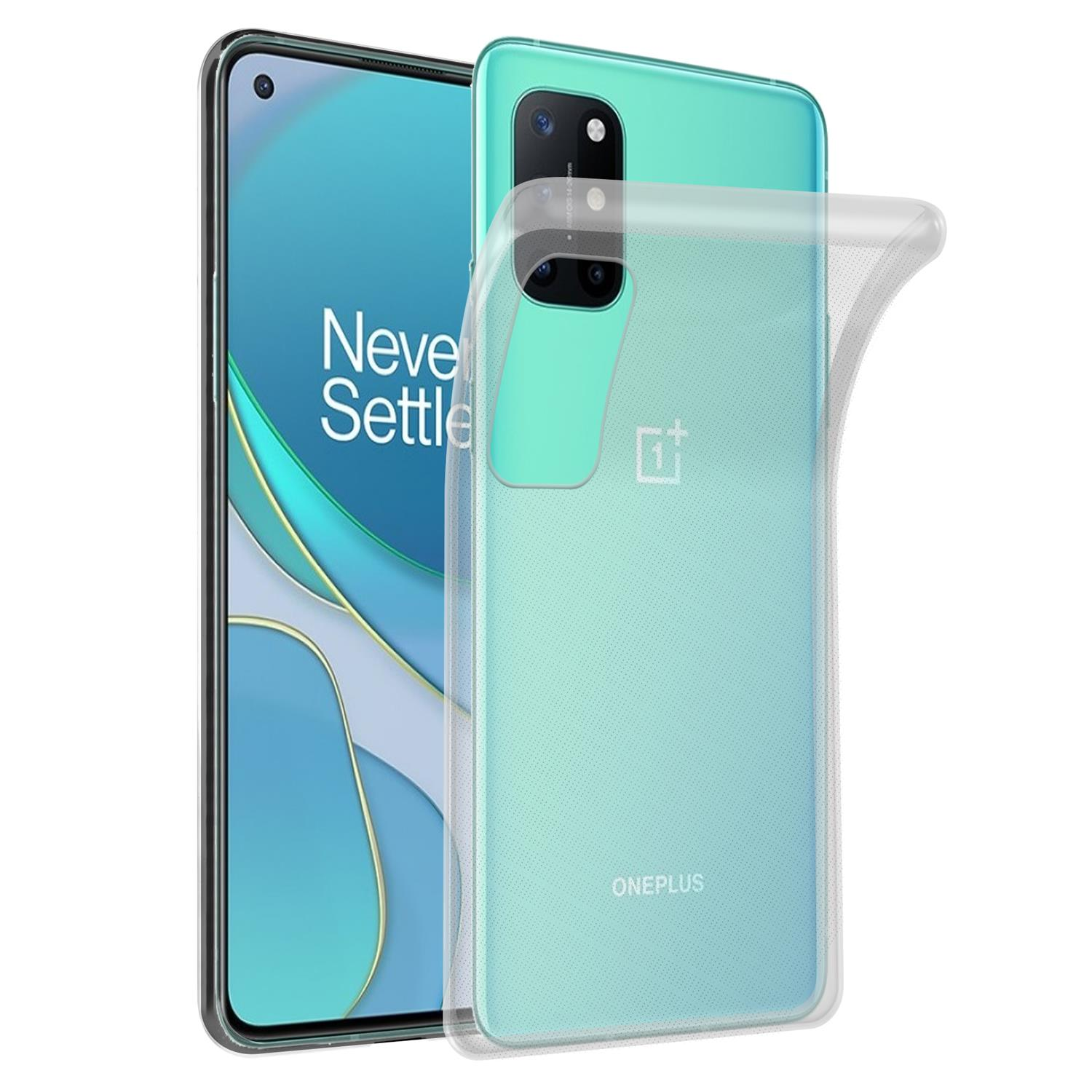 OnePlus-Telefon mit transparentem Gehäuse, auf einem Tisch mit einem Telefon links.