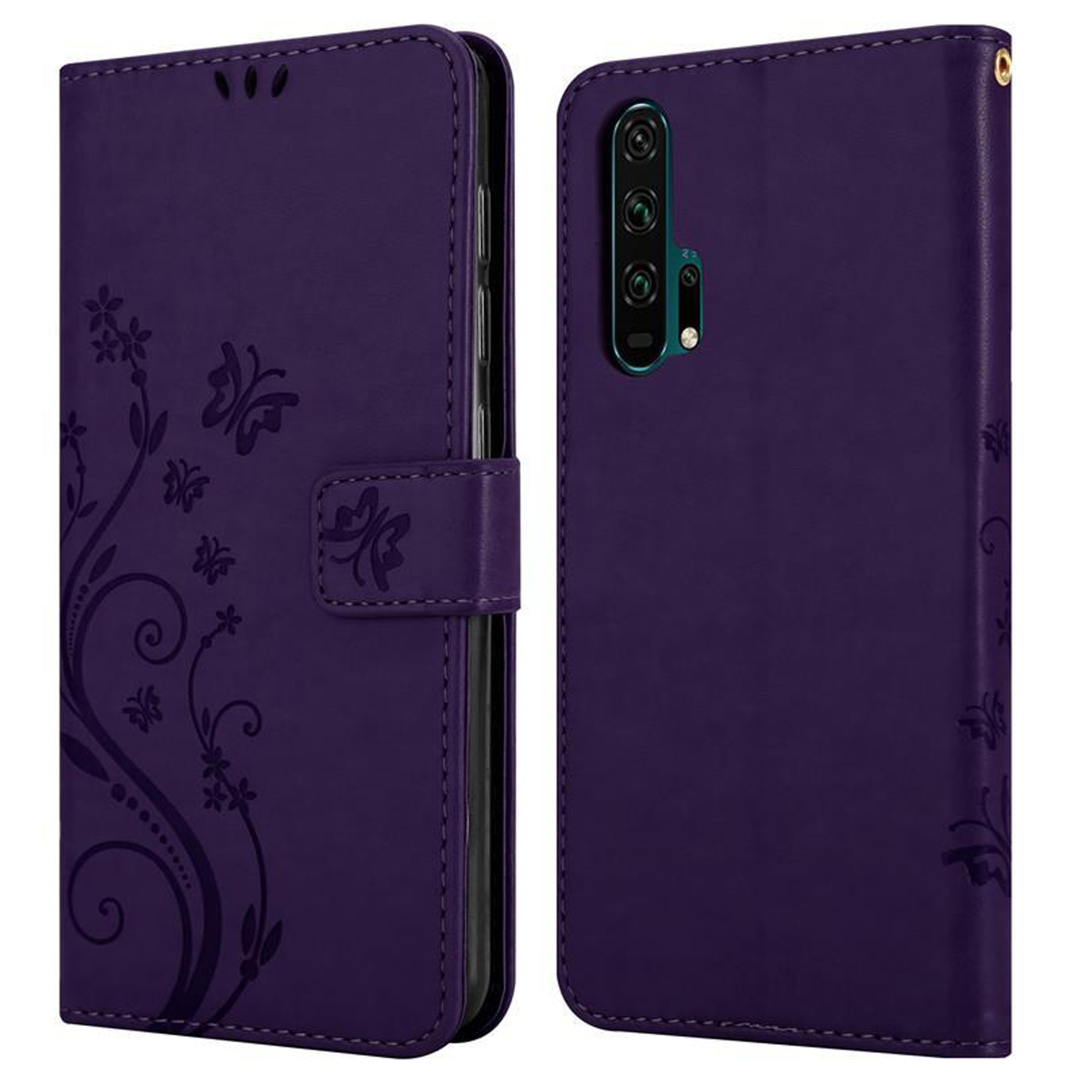Custodia per telefono viola. La custodia è aperta. Lo sfondo ha un design floreale.