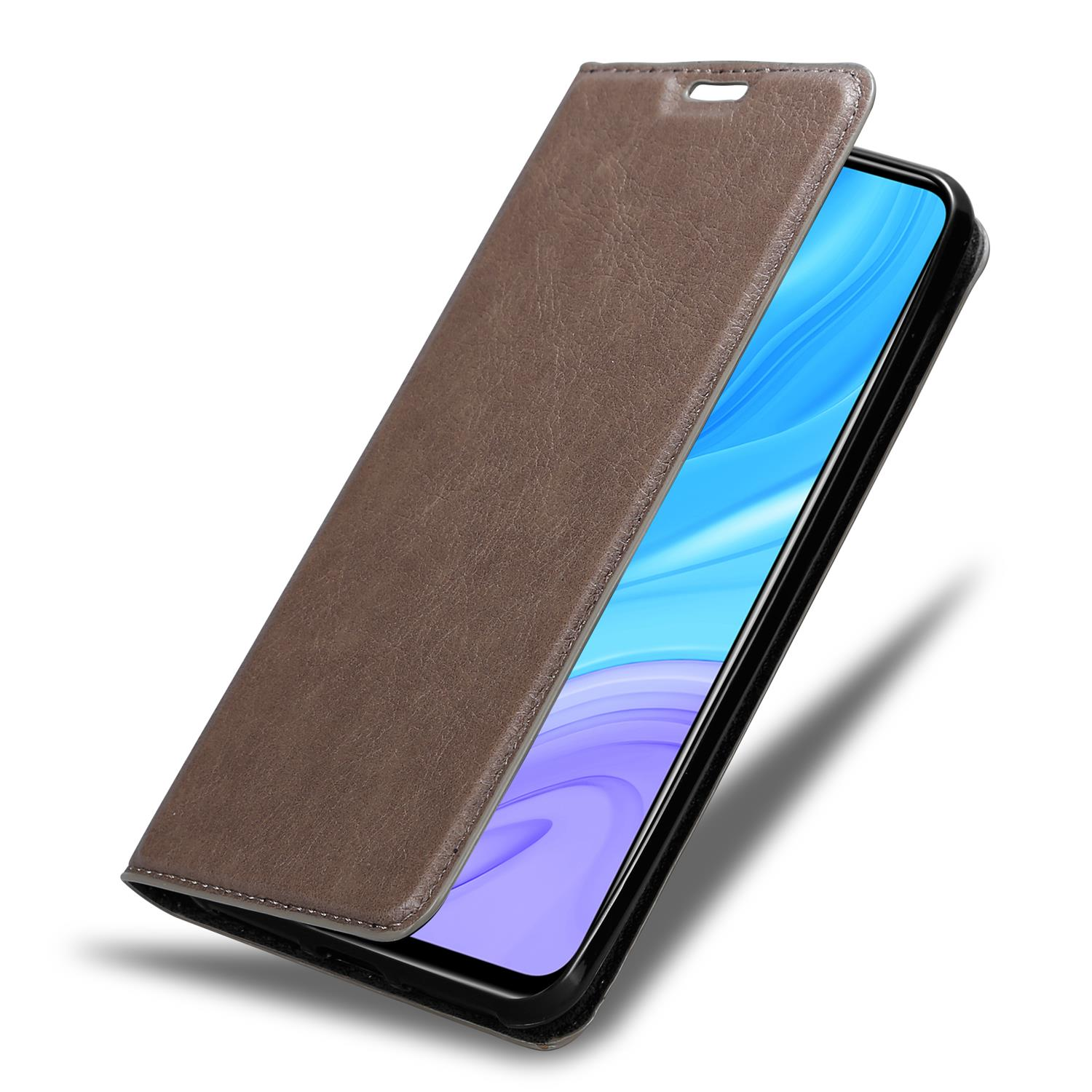 Eine braune Leder-Handyhülle, teilweise geöffnet, mit einem Telefonbildschirm.