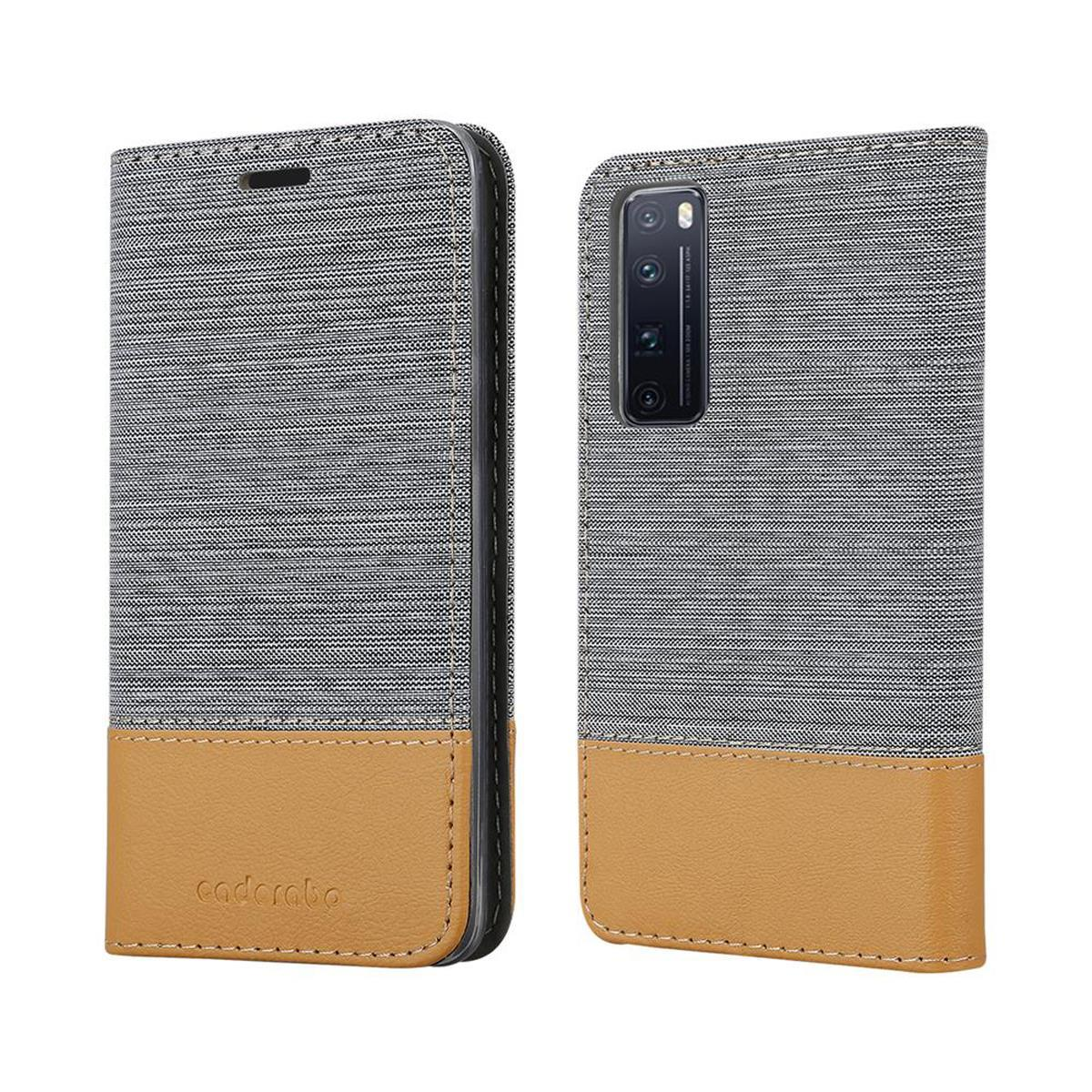 Una custodia per telefono, aperta, con un design in tessuto e pelle. Un telefono è visibile all'interno.