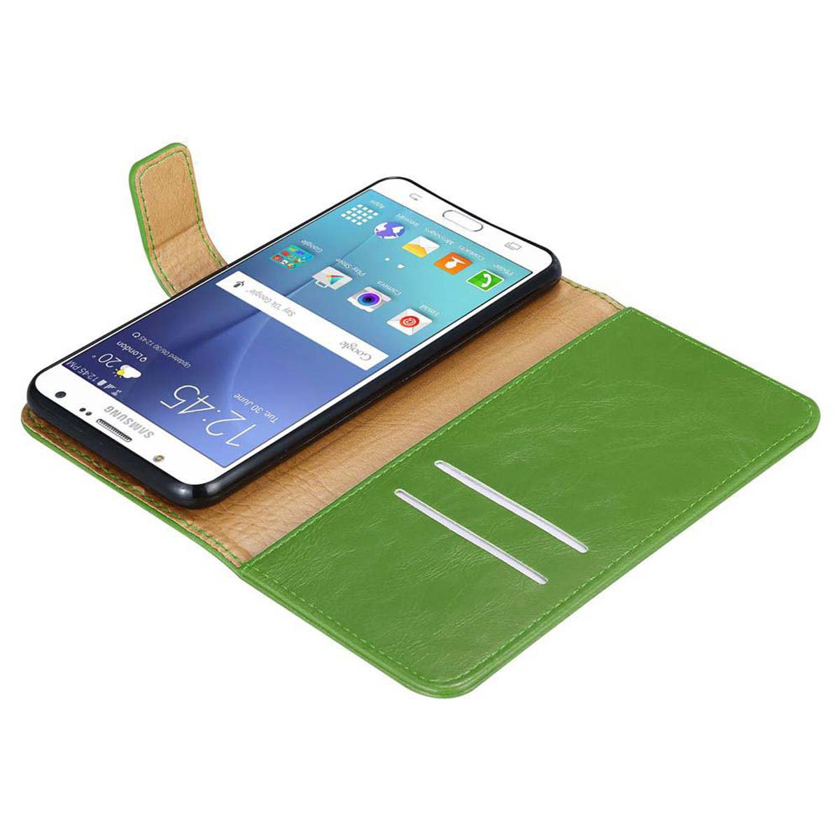 Handyhülle mit einem Telefon darin. Die Hülle ist grün und das Telefon zeigt Datum und Uhrzeit.