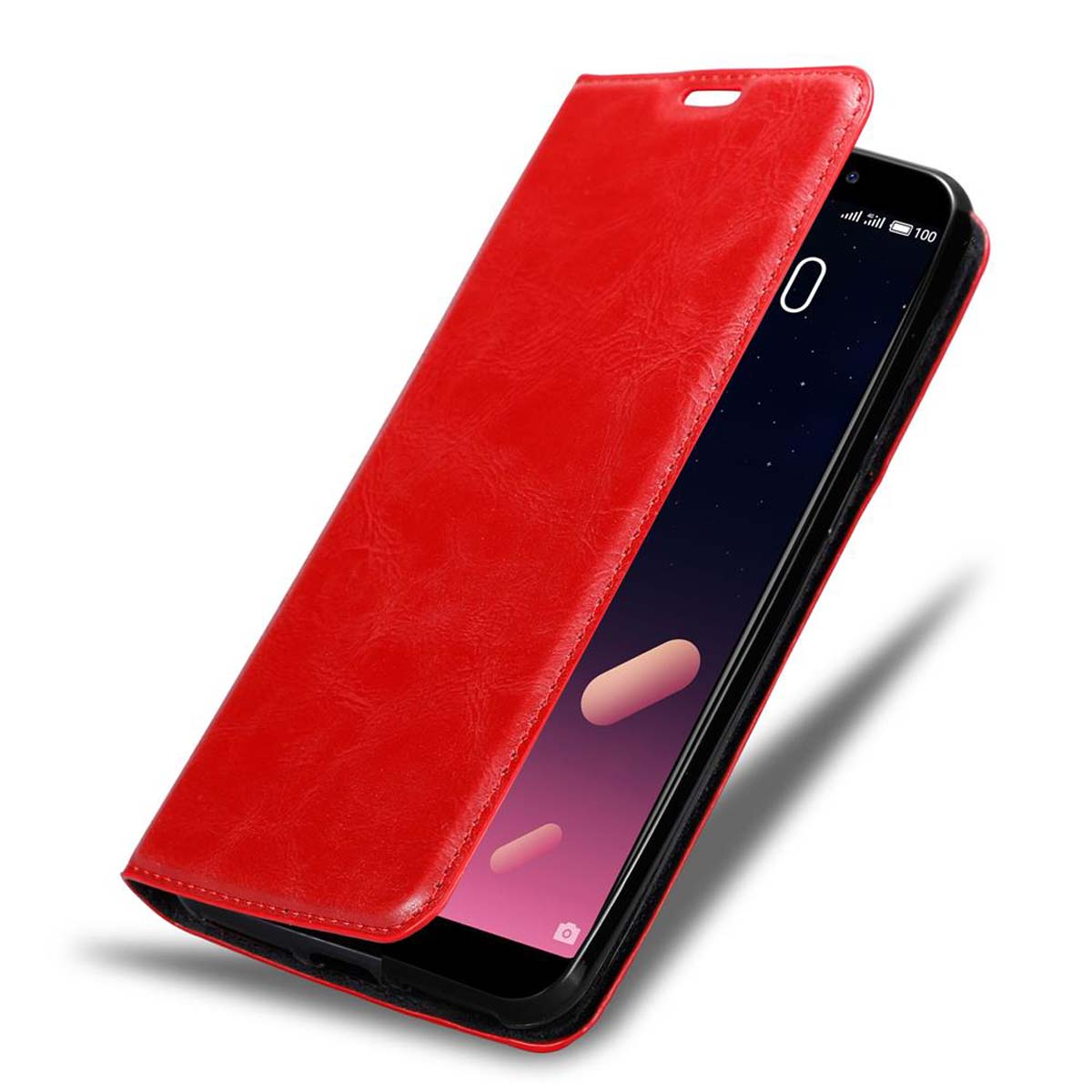 Eine rote Leder-Handyhülle mit offenem Deckel, die den Bildschirm des Telefons zeigt.
