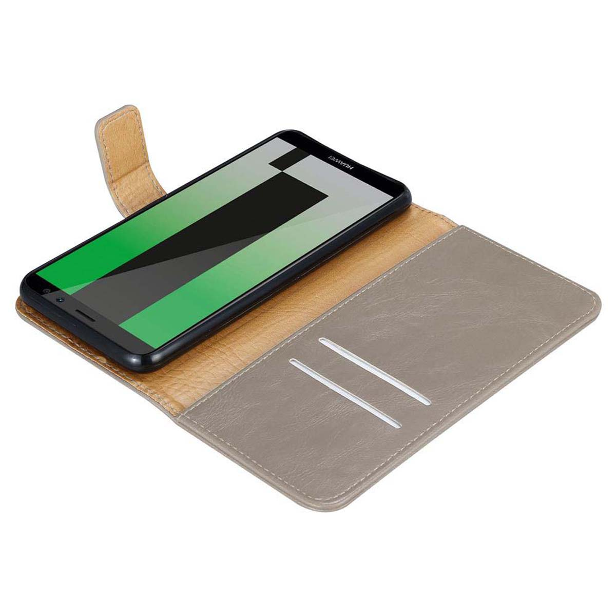 Telefono nella custodia, aperto. Lo schermo del telefono mostra verde e grigio. La custodia è grigia e beige.