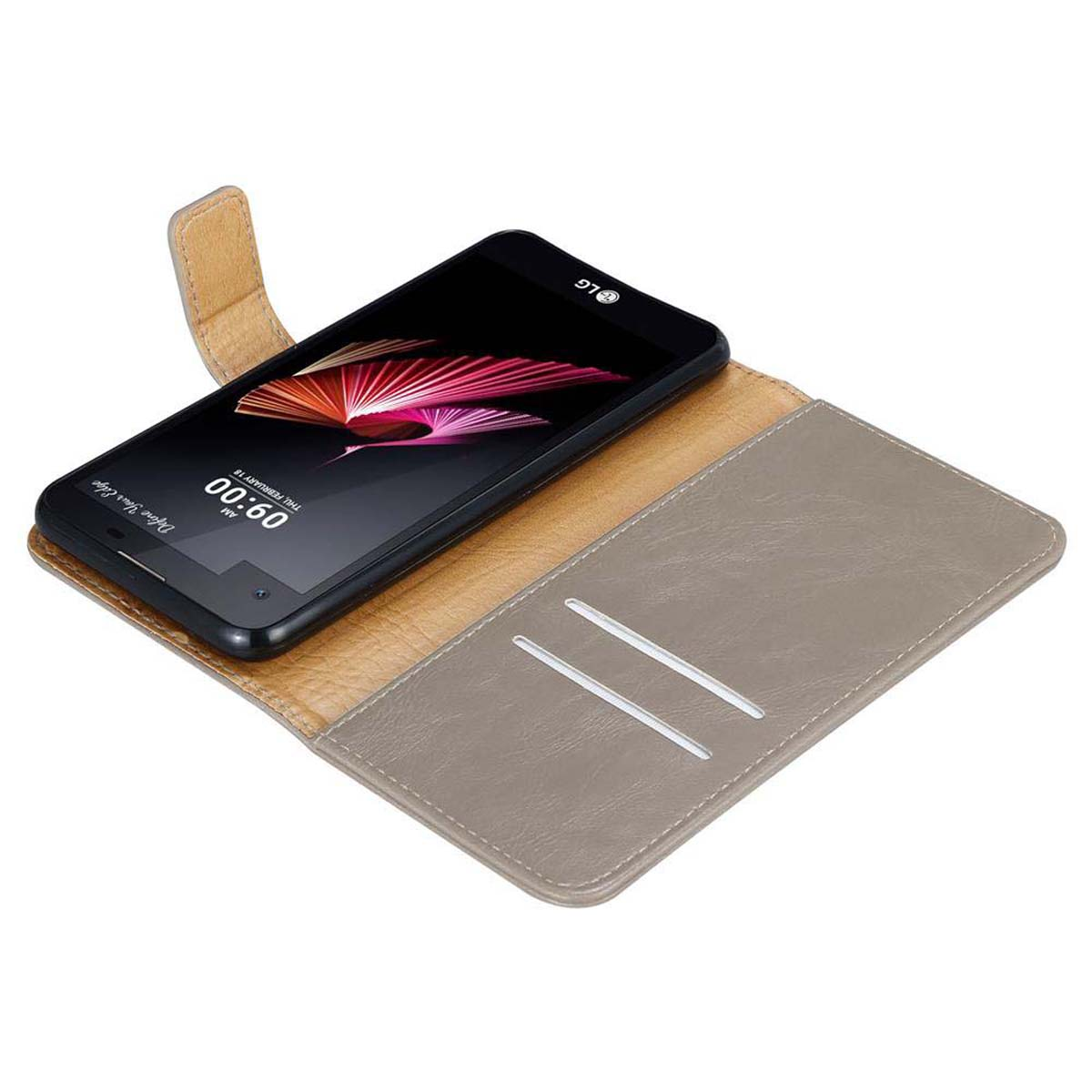 Custodia per telefono aperta con un telefono all'interno. Il telefono è nero e la custodia è grigia e beige.