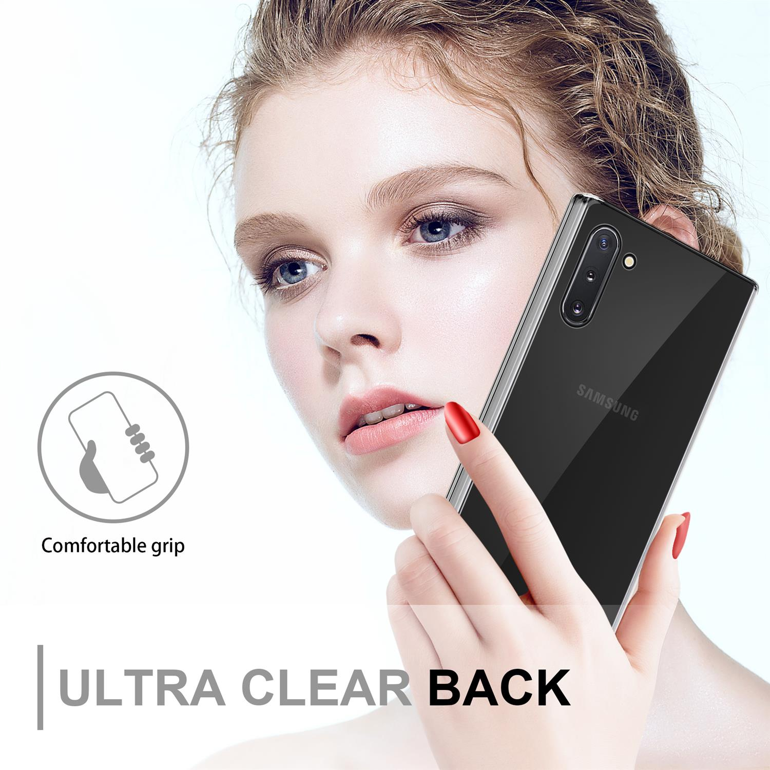 Donna che tiene un telefono in una custodia trasparente. Testo: Ultra Clear Back.