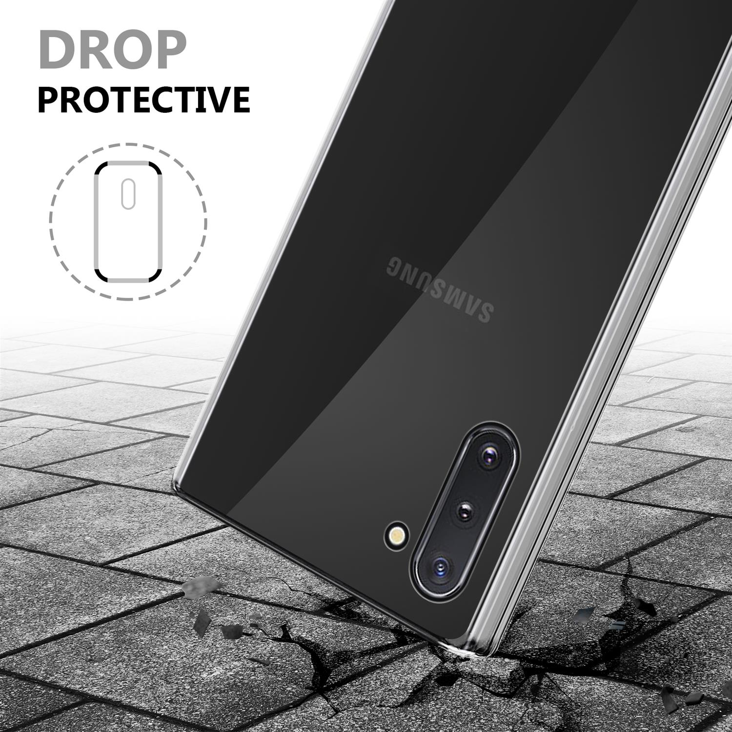 Un telefono all'interno di una custodia trasparente. La custodia ha un design protettivo. Il telefono è appoggiato su una superficie.