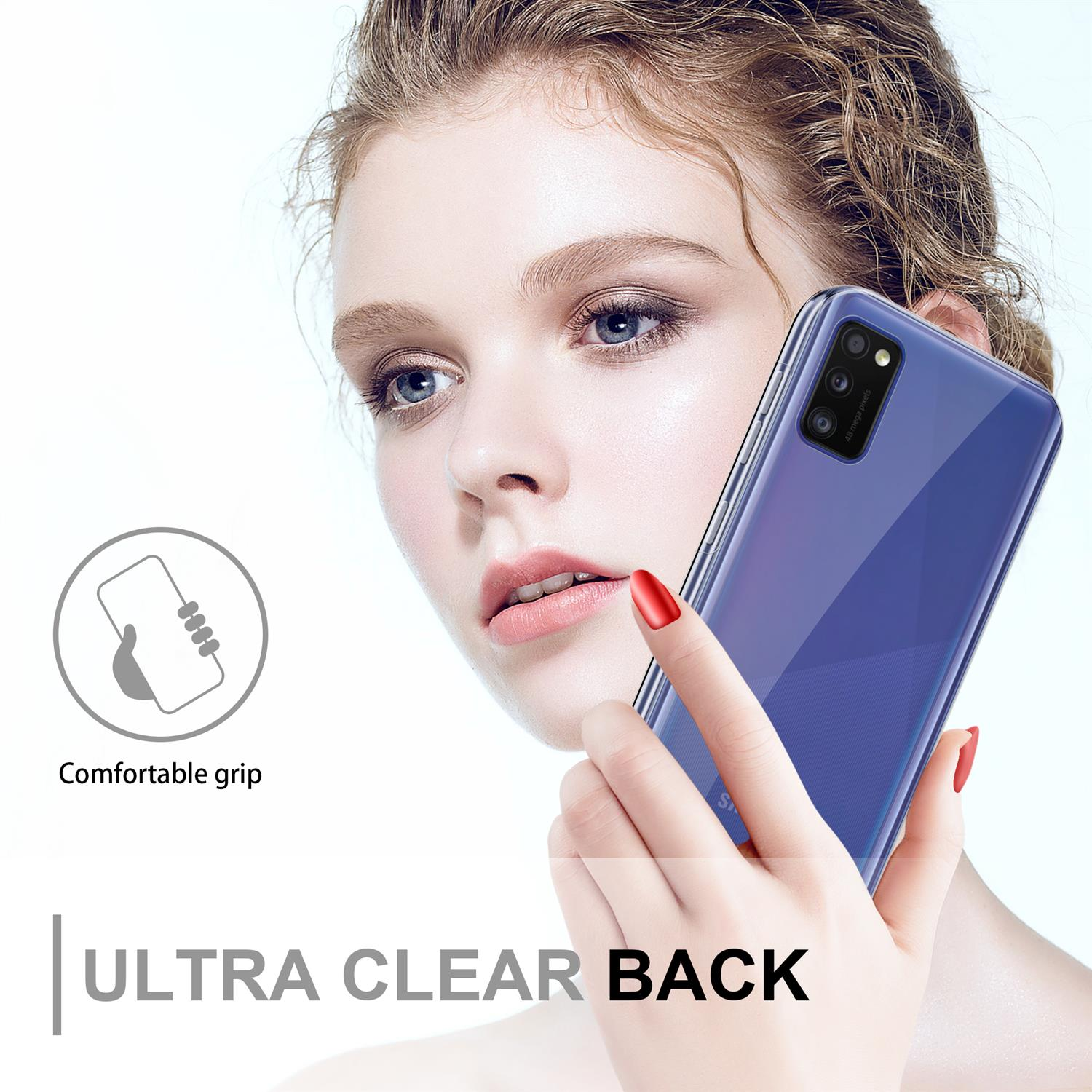 Una donna che tiene in mano un telefono con retro ultra trasparente. L'immagine mette in risalto l'impugnatura confortevole del telefono.