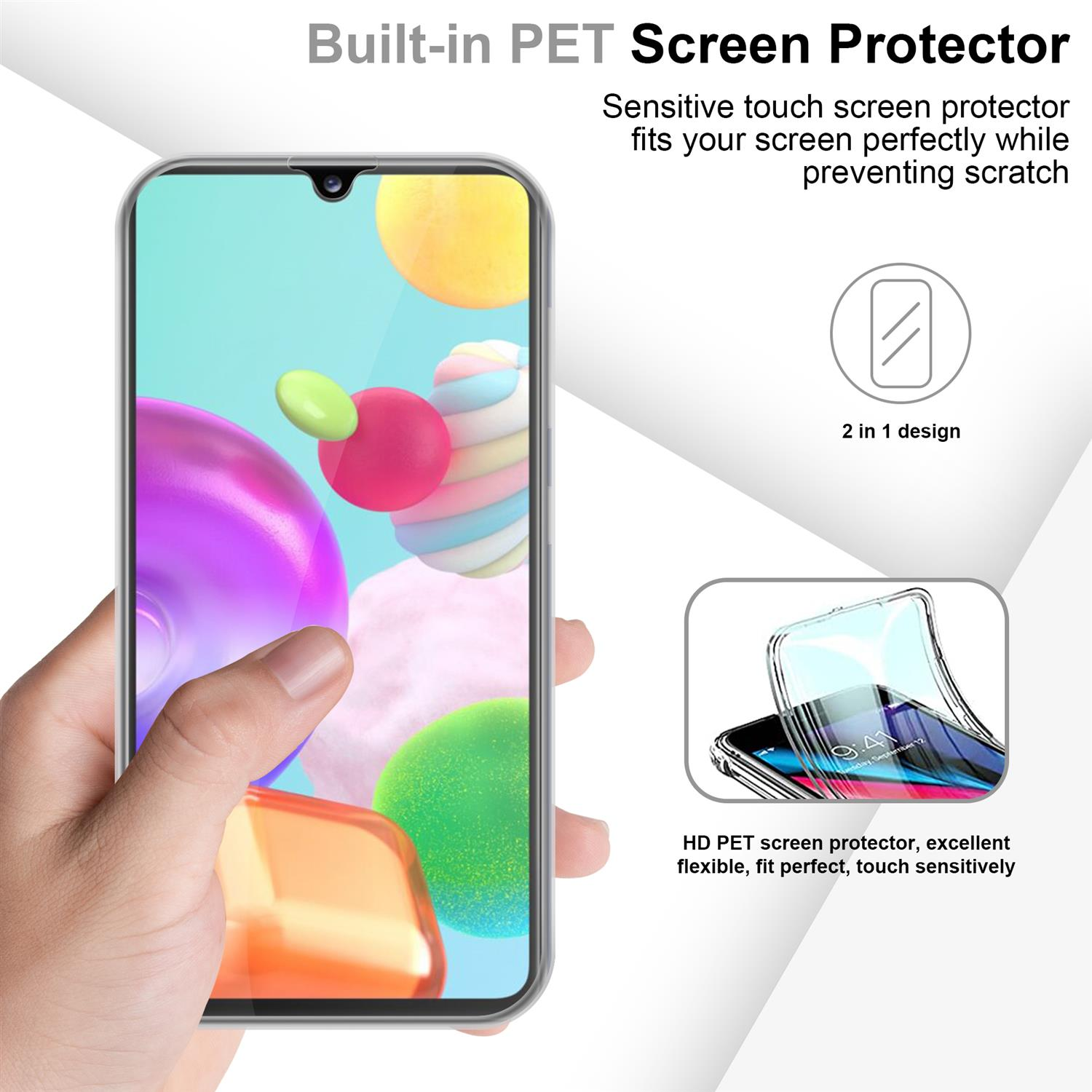 Mano che tiene un telefono con una protezione per lo schermo. Il telefono mostra un'interfaccia colorata con icone.