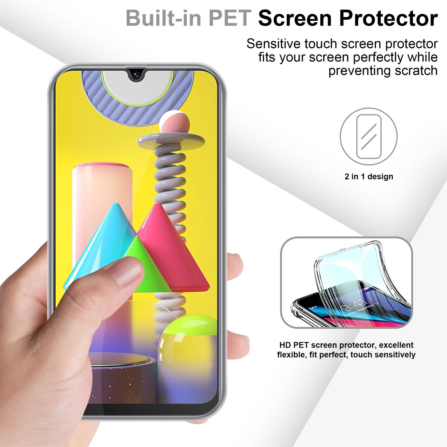 Telefono tenuto in mano. Lo schermo mostra un design geometrico colorato. Una seconda immagine mostra una protezione per lo schermo.