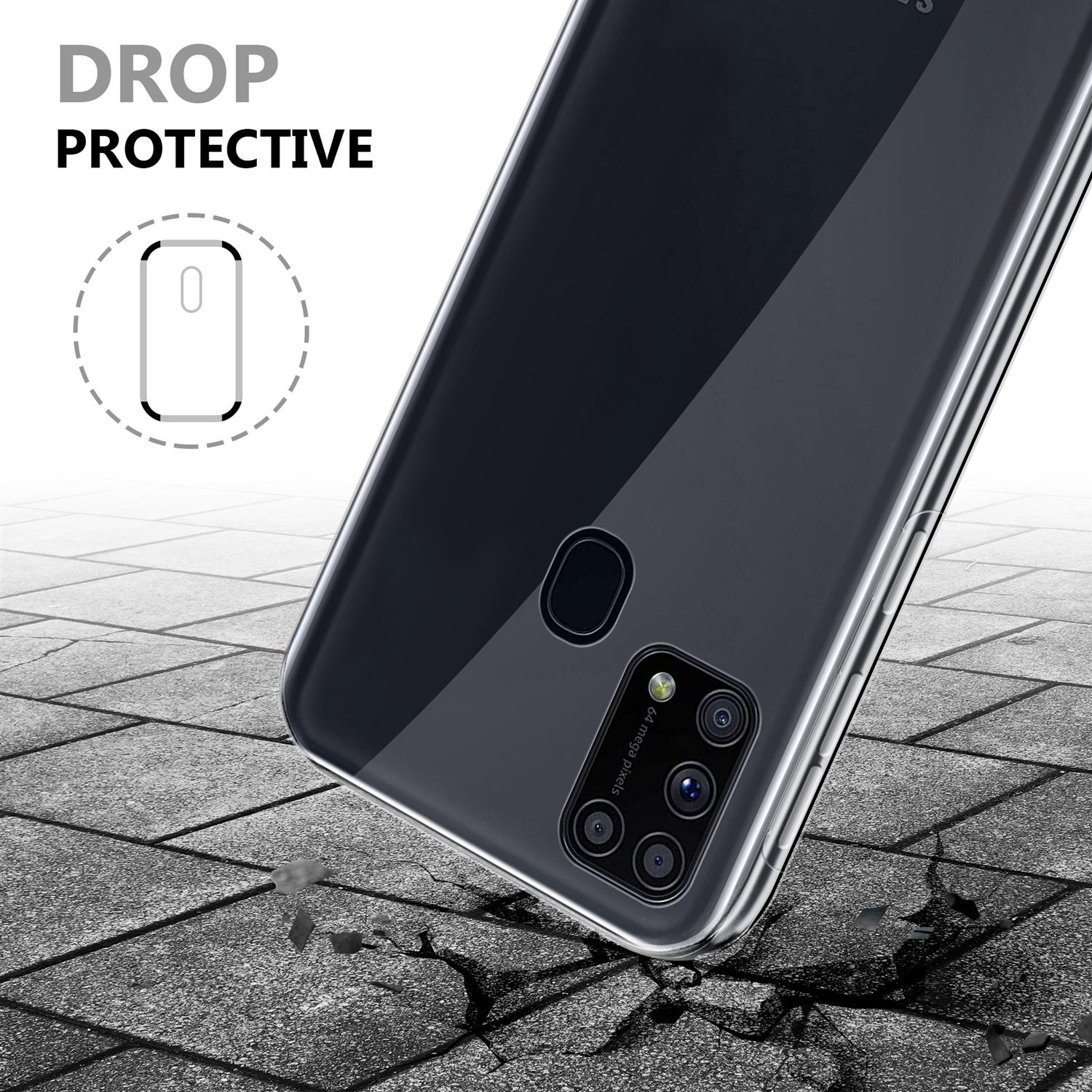 Un telefono in una custodia trasparente, appoggiato su una superficie grigia strutturata. Testo: Protezione dalle cadute. Mostra il contorno di uno schermo incrinato.