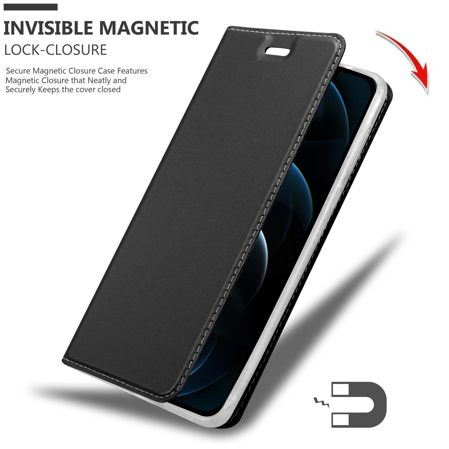 Schwarze Handyhülle mit Telefon darin. Die Hülle ist offen und hat einen Magnetverschluss.