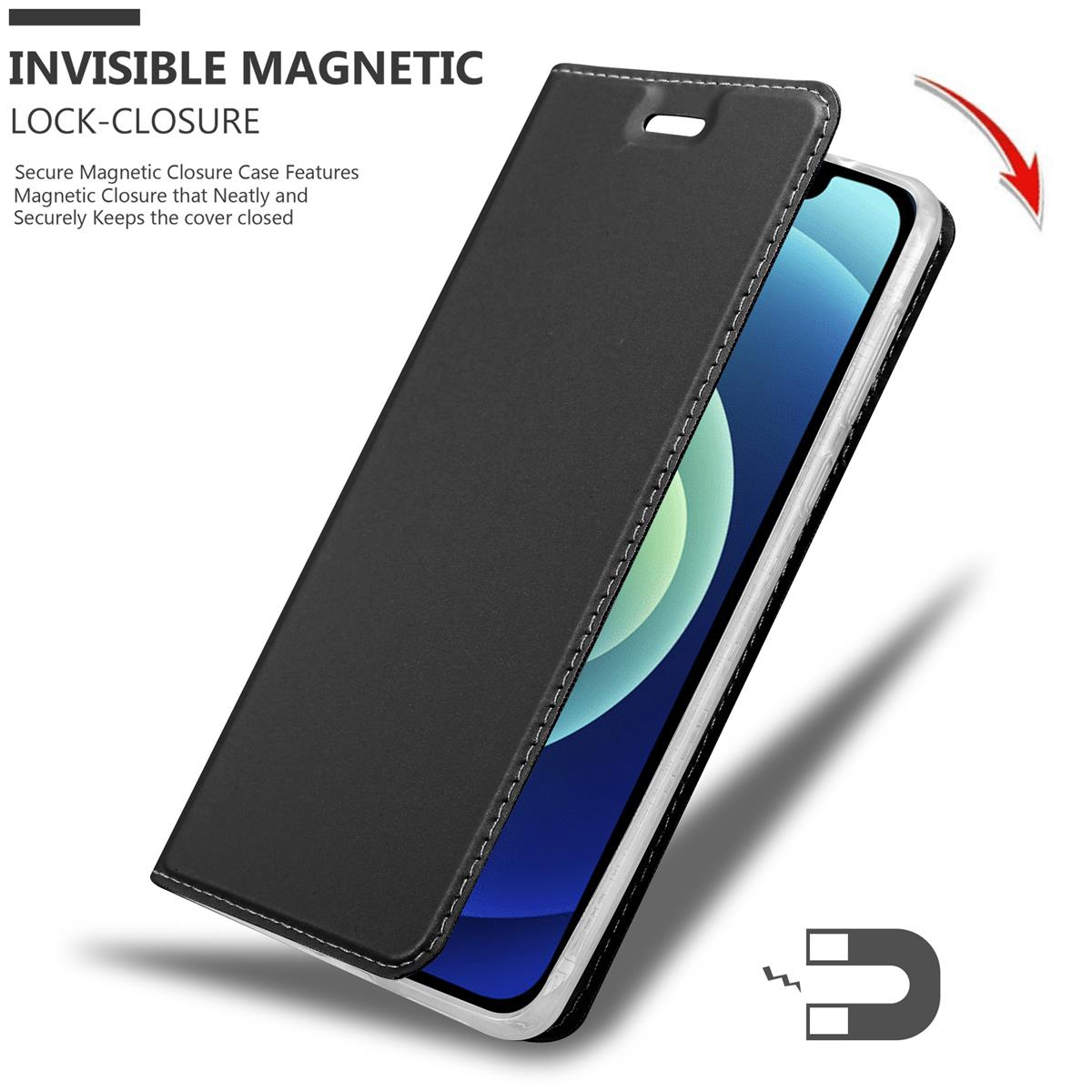 Custodia nera per telefono con il telefono all'interno. Mostra la chiusura magnetica e il coperchio della custodia.