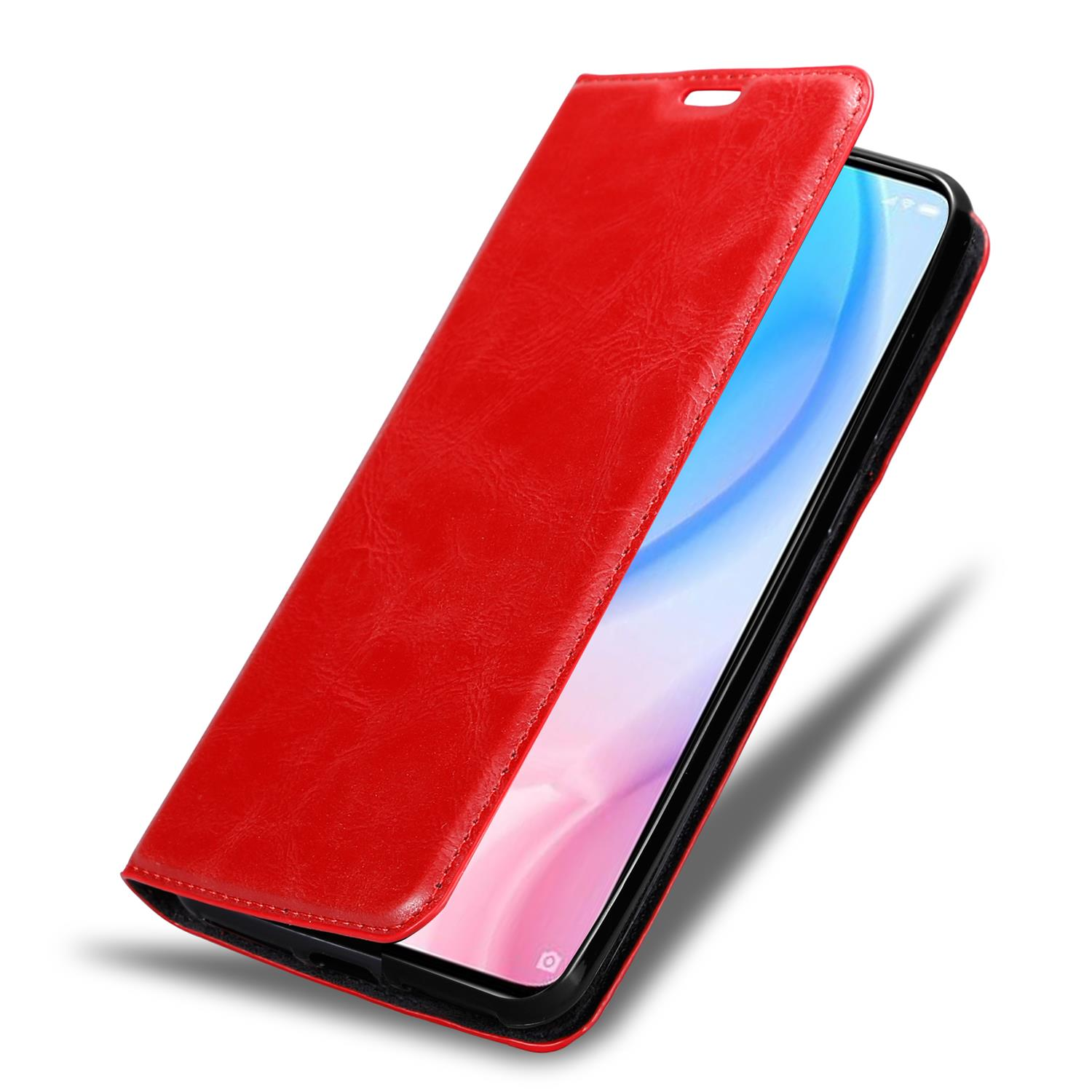 Rote Handyhülle, geöffnet. Das Telefon ist drin. Zeigt den Telefonbildschirm und das Innere.
