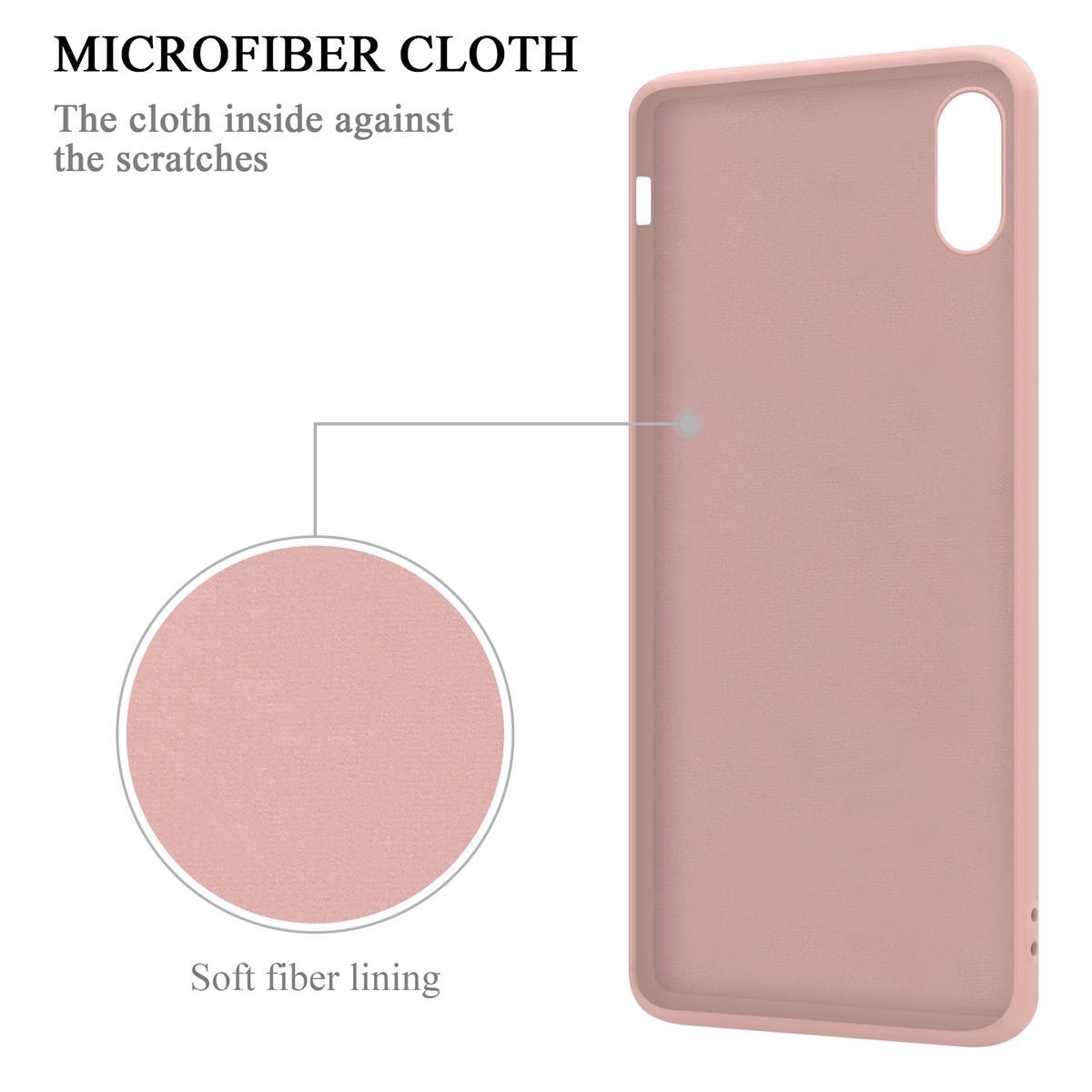 Innenraum einer pinkfarbenen Handyhülle mit weichem Faserfutter und den Worten, MIKROFASERTUCH.