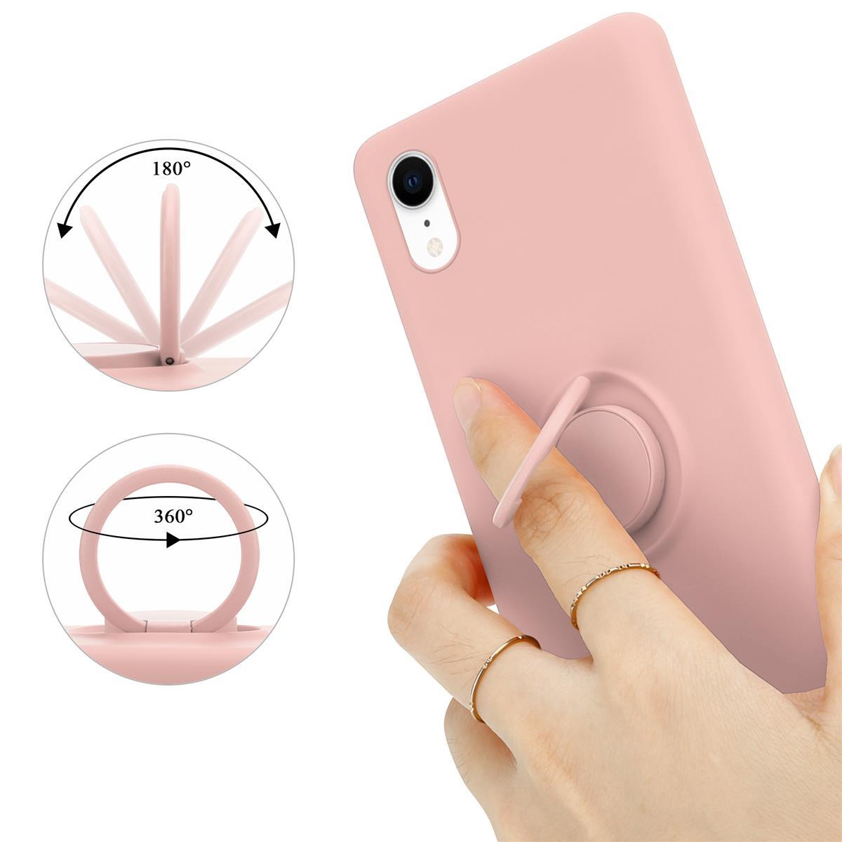 Rosa Handyhülle mit Ringhalter, gezeigt bei 180 und 360 Grad. Eine Hand hält sie.