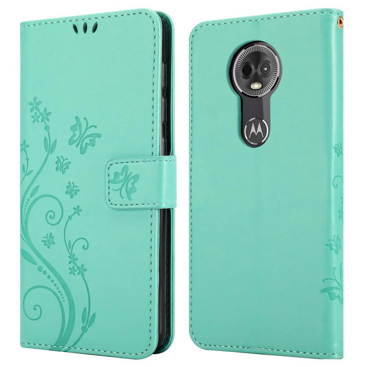 Custodia verde menta, stile a libro. Design floreale sul davanti, telefono sul retro. Chiusura magnetica.