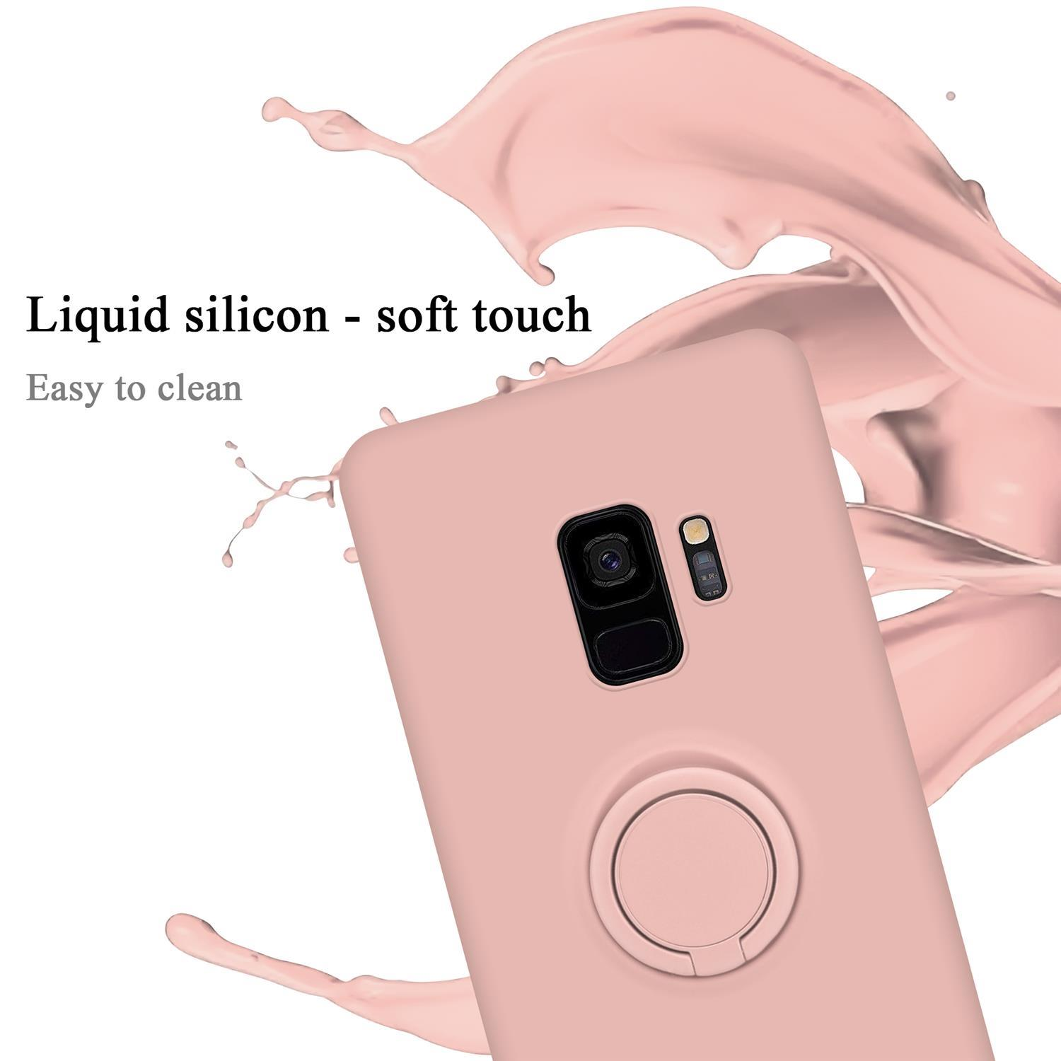 Rosa Handyhülle mit Ringhalter, mit einem Spritzer rosa Flüssigkeit. Text: Flüssigsilikon - Soft-Touch.